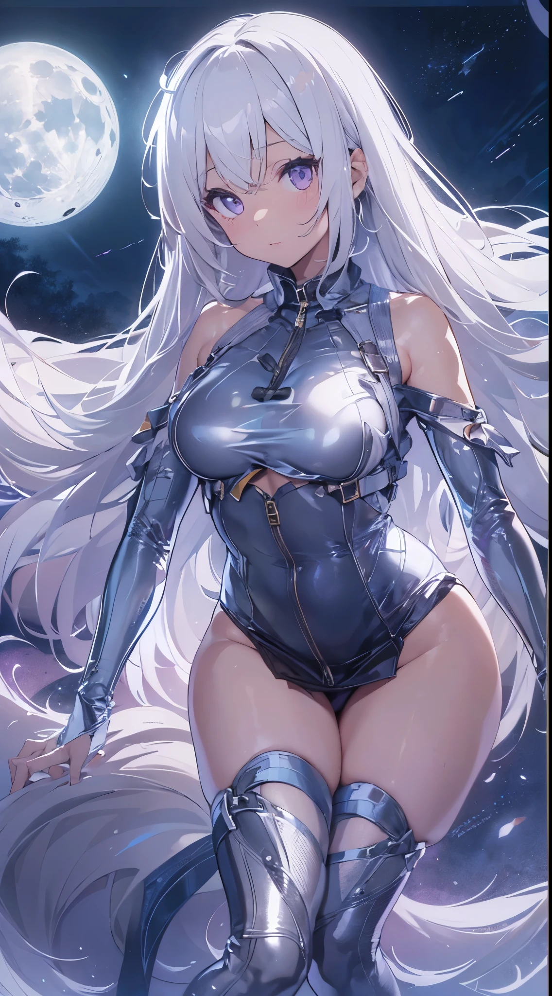 One lady,14years,((White hair) ,((())), ((Normal breasts)), (())(()),(Shiny purple bodysuit with microskirt))),,((Fantasy,Moon Night))(())