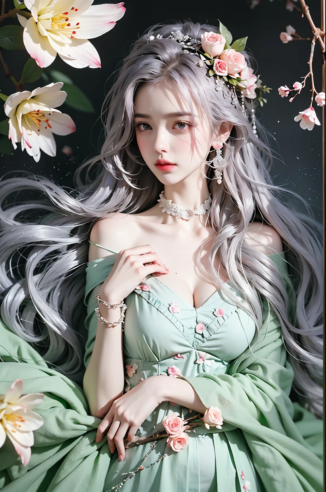 print dress,off shoulder,, One hand resting on his lips、周围头发有白butterflys兰，Lilac dendrobium、orange lily、white lilies、1 girl in、fully body photo、White hair、floated hair、Hazy beauty、A plump chest, Chopping, Have extremely beautiful facial features、Hairpin on the head、Lie in the flowers、Drag your chin with both hands、perfect hand、rosette、(springtime、raining day、butterflys、precipice)、 vectorial art、Chinese contemporary art、Soft lighting、intertwined scarves、looking-down