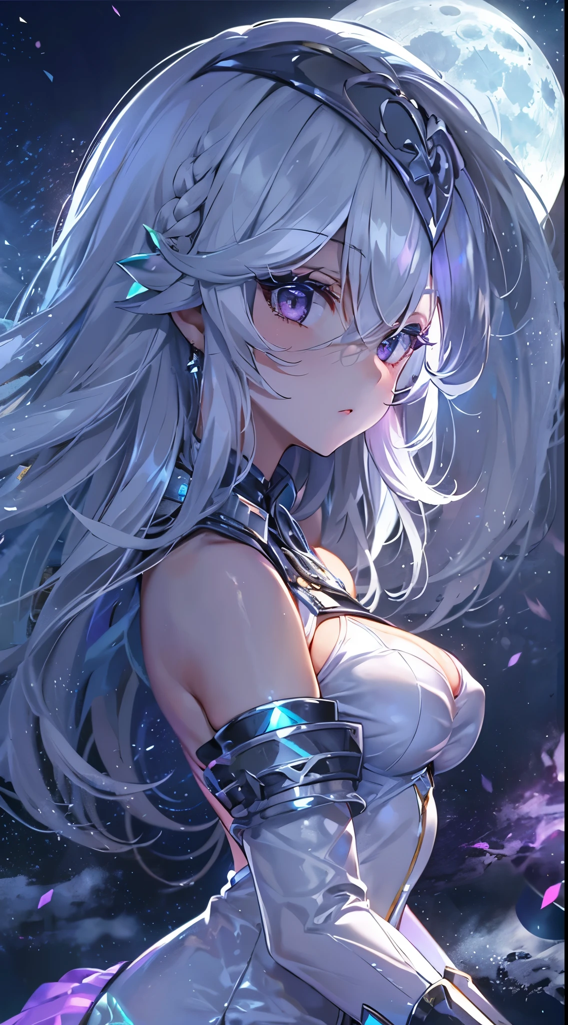 One lady,ars,((White hair) ,((())), ((Normal breasts)), (())(()),(Shiny purple bodysuit with microskirt))),,((Fantasy,Moon Night))(())