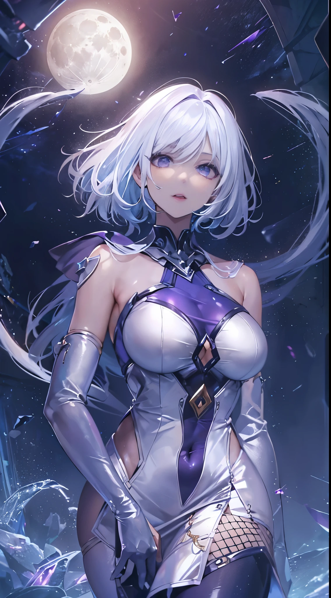 One lady,ars,((White hair) ,((())), ((Normal breasts)), (())(()),(Shiny purple bodysuit with microskirt))),,((Fantasy,Moon Night))(())