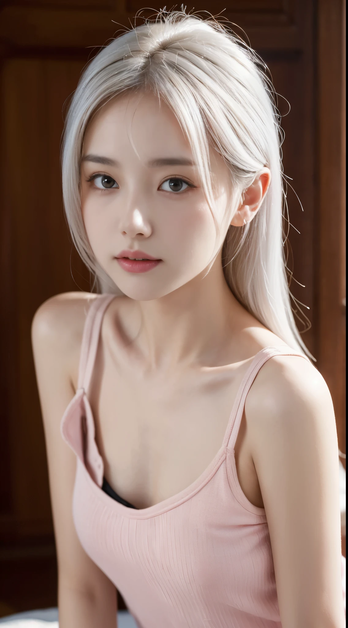 mix4、(8K、Raw photography、top-quality、masterpiece:1.2)、(NSFW:1.4),(realisitic、Photorealsitic:1.5)、1girl in、A young woman with a delicate and slender face, gentle brown eyes, semi long hair,she seems thoughtful and introverted, her appearance is elegant and sophisticated, Best Quality, The best smile, a beauty girl, Cute, depth of fields, High resolution, Ultra Detail, Highly detailed, Highly detailed 、 Sharp pupils, Realistic Women、Cinematic lighting、beautiful white hair color、Pink tank top、Nipples are erect