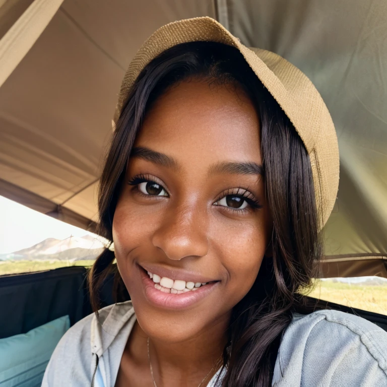 Beautiful brown girl with breathtaking smile camping on cloudy day，She takes a selfie from the top，She's having（（detailed skin textures）），realistic skin textureig brown eyes））and cute lips，Petite girl wearing glamping outfit