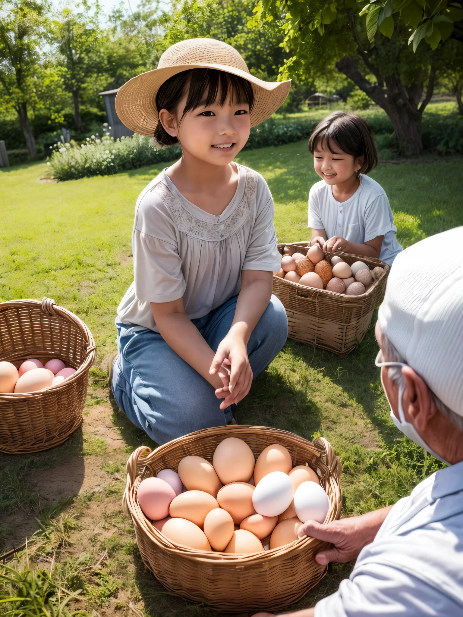 A collects eggs laid by chickens, and her grandfather and grandmother watch over her. In a peaceful rural landscape, peaceful farm life with warm sunshine