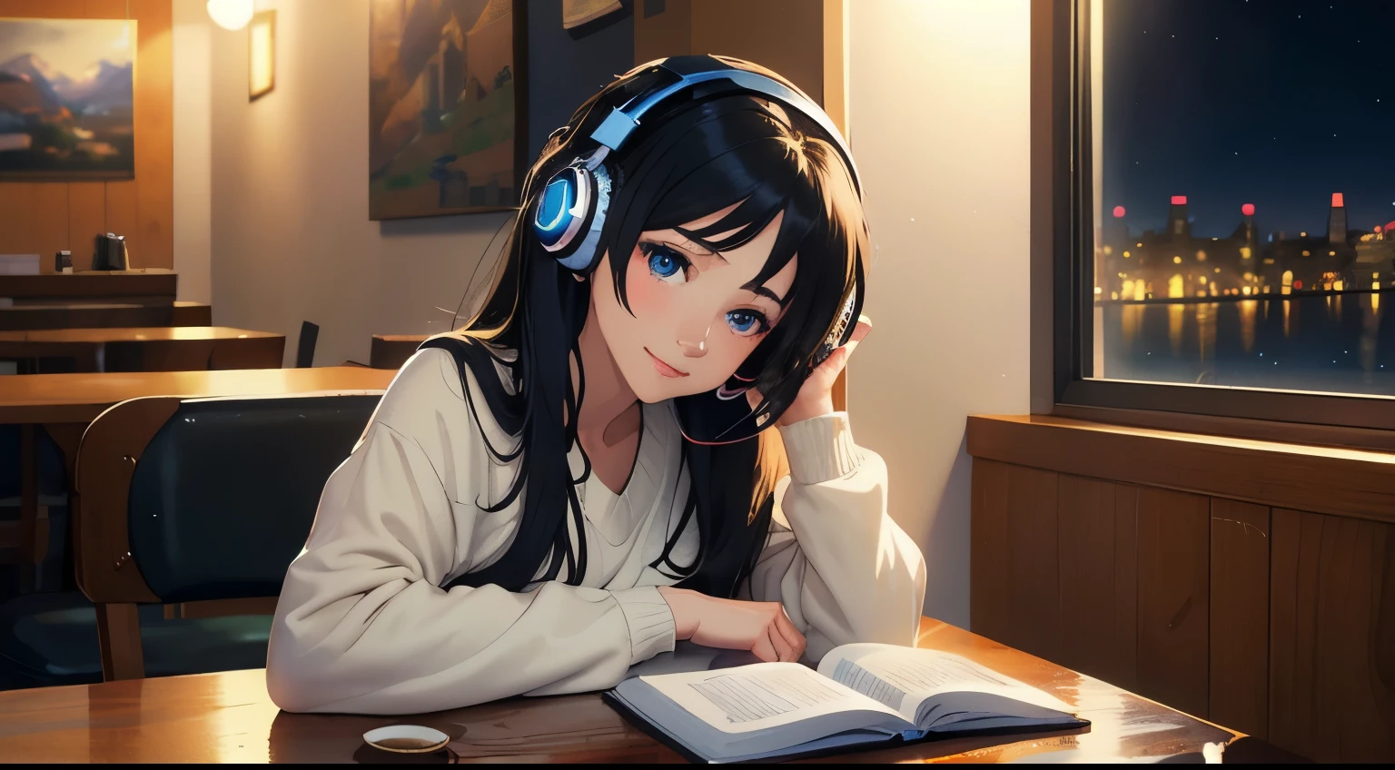 Anime girl with headphones sitting at a table reading a book - SeaArt AI