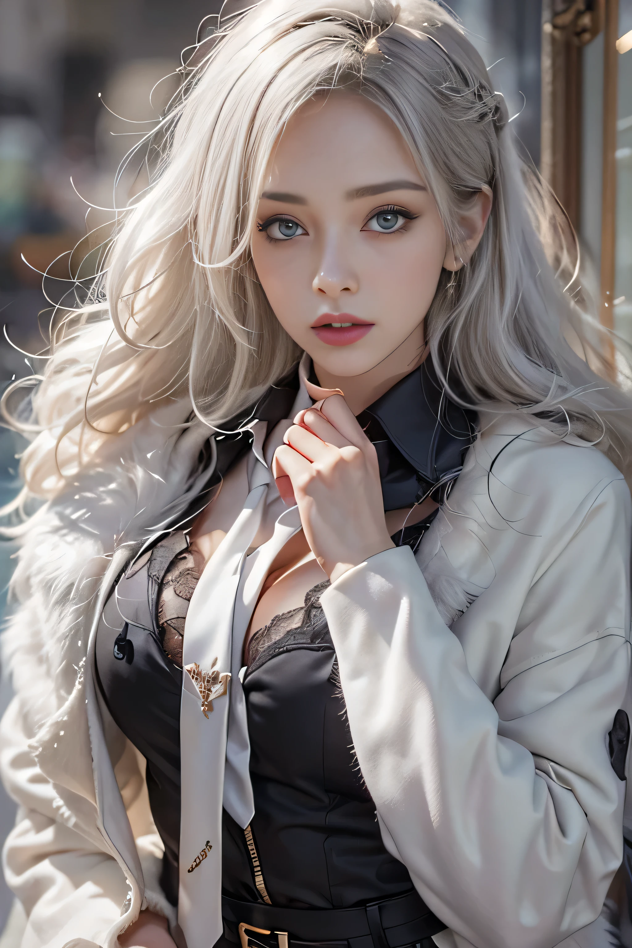 Photorealistic, High resolution, 1 Women, Solo, hips up high, Beautiful eyes, Close lips, Detailed face, White hair, Long hair, Collared shirt, black necktie,Black skirt, pencil skirts, Fur coat, Black stockings