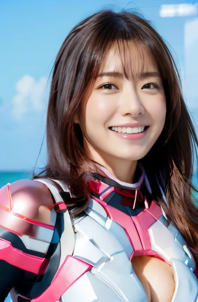 (ultra best quality、8K、masuter piece、delicate illustration)、(Shocking pink and white metallic hero suit with a futuristic fit) 、(Very plump body 1.1、Super Big 1.1)、smiling at the viewer、cleavage of the breast、A dark-haired、the beach、sexypose