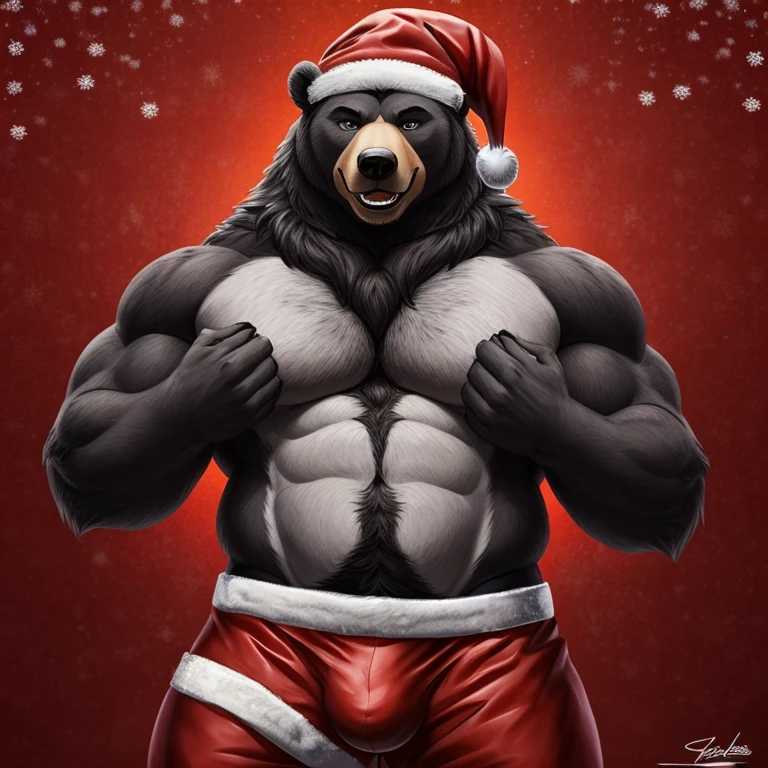 (hands of wfa), (anatomy of wfa:1.2), (incredibly detailed and intricate:1.4), masterpiece, photorealistic, 8k, ultra detailed, high quality, anthro bear, kemono, (white and gray fur:1.5), (black short mane:1.5), (detailed fur texture:1.3), digitigrade, correct anatomy correct proportions, (athletic body: 1.3), (black fur happy trail:1.4), (furry chest:1.4), (bear claws), (bear fangs and teeth), (christmas background:1.5), (using torn christmas clothes:1.3), open top clothes, nsfw, (detailed bulge:1.3), looking at viewer, confident, dominant, male, bear tail, seductive smile, (bear maw:1.1), (detailed and intricate furry bear eyes:1.3), uplight, CG, correct anatomy of hands, beautiful eyes, portrait
