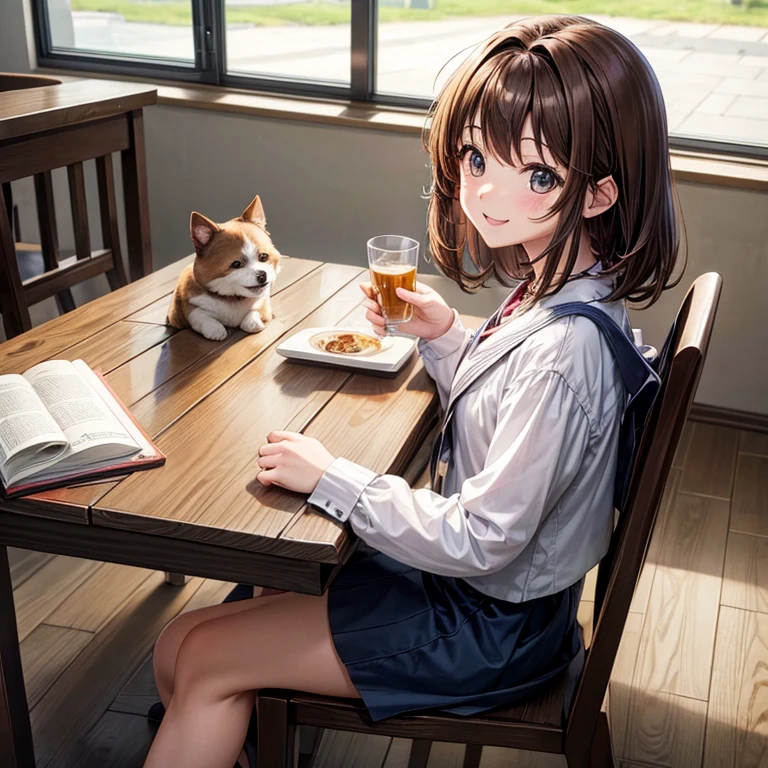 a Dog、animesque、Brown hairs、Bipedal、PC operation、The table、sit a chair、a smile