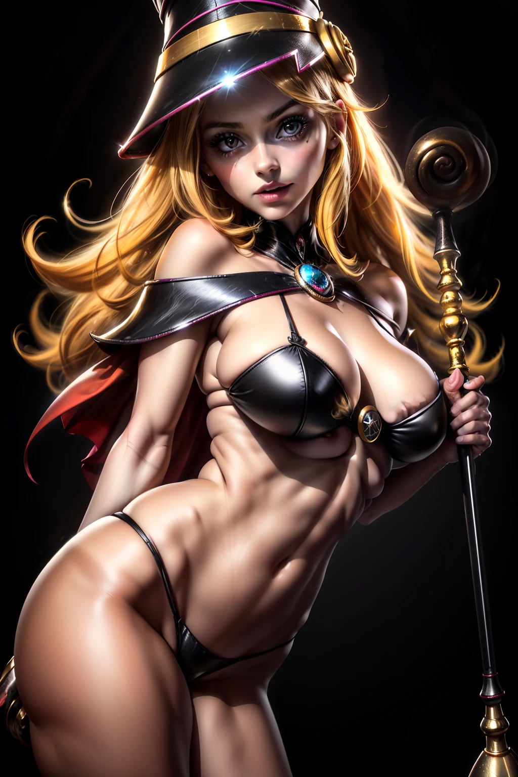 (8k,fotorrealista Raw photography highest qualityr;1.4) (1chica en) super beauty (cara realista) cuerpo femenino (Rubia de rizos largos) Hold a black and red magic wand Escena de combate Magic hat with black and gold exterior Beautiful expression Deslumbramiento (Piel de aspecto real) (Giles magos oscuros) Tentador 超A high resolution Un hiperrealista Alto detalle foto de cuerpo completo, pose sejustiva y sensual. Pose inocente y dulce