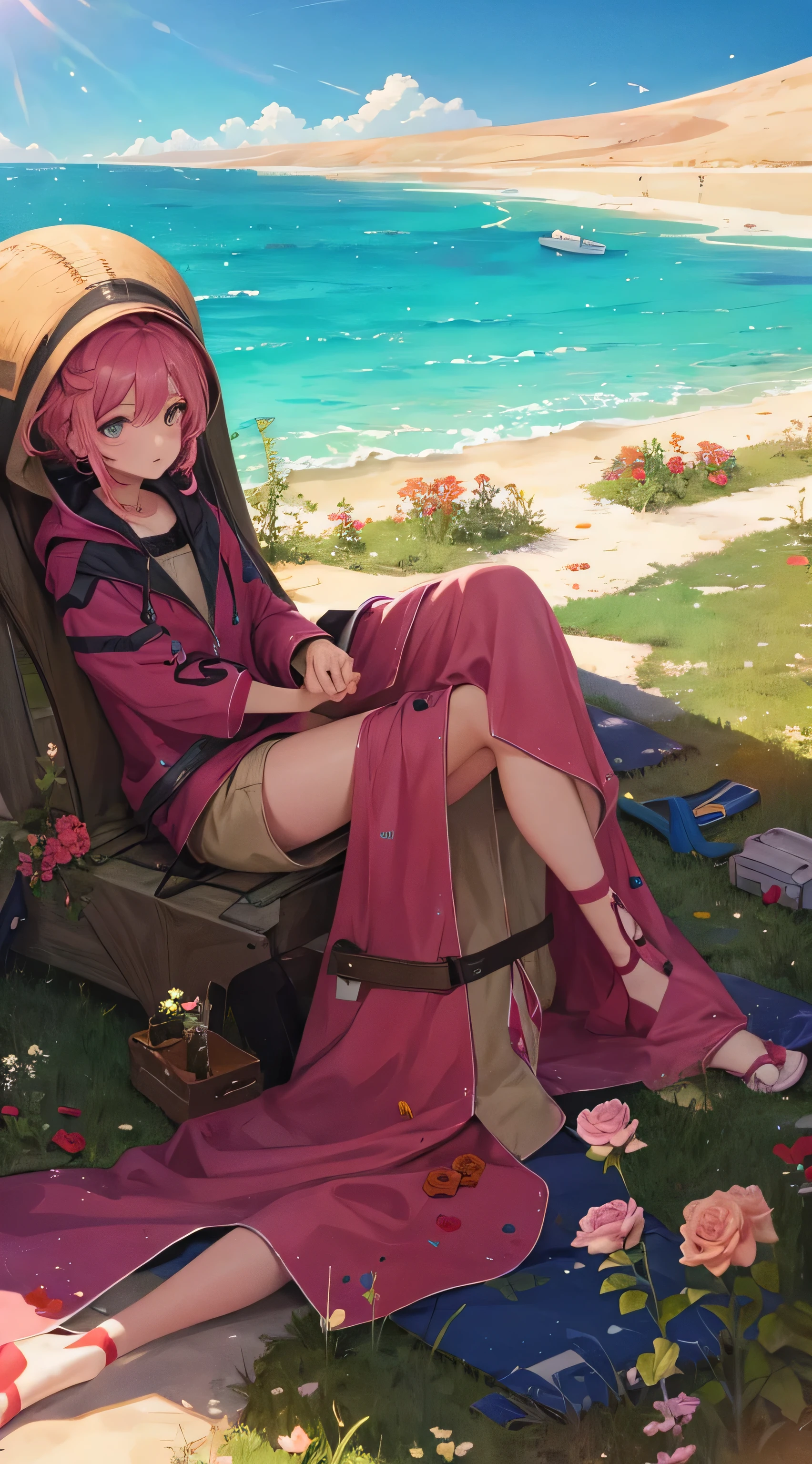 Summer, desert, pink clouds, a land overgrown with roses, James Gurney, art station rendering, ultra-wide lens, high definition