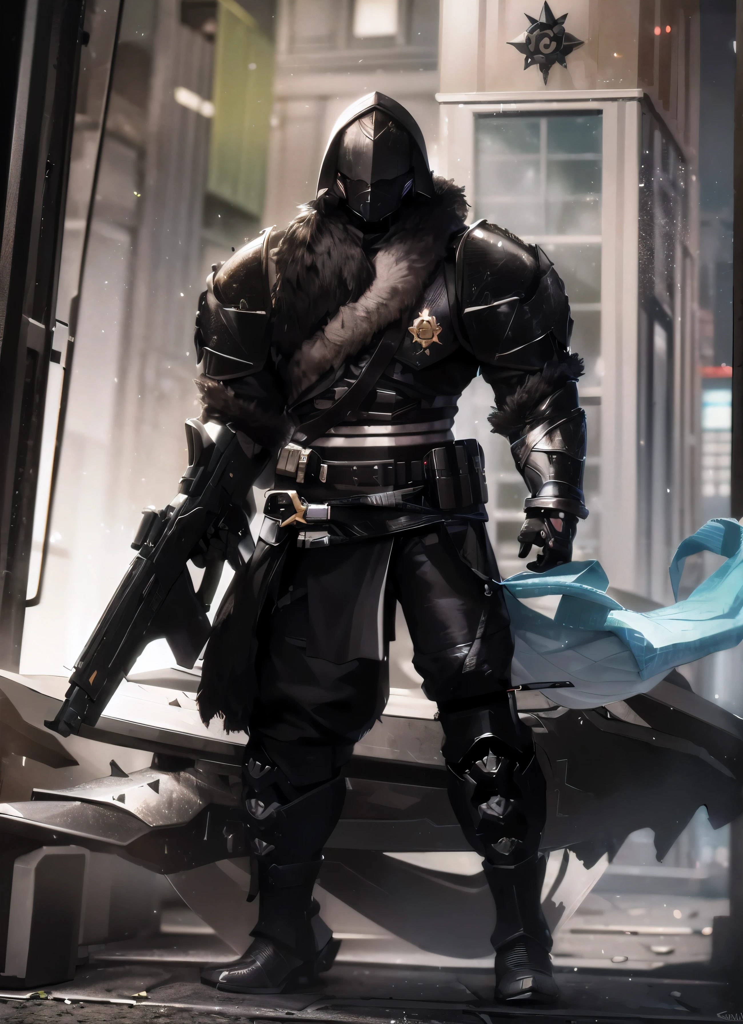 there is a man in a black suit holding a gun, black fire color reflected armor, in a dark space mercenary outfit, pitch black skin, heavy black obsidian armor, clothed in stealth armor, sharp black armor, obsidian skin, obsidians skin, black heavy armor, blacksmith's outfit, corrupted armor, Erebos's Titan, add a faint green glow radiating from inside, standing in a winter deserted landscape