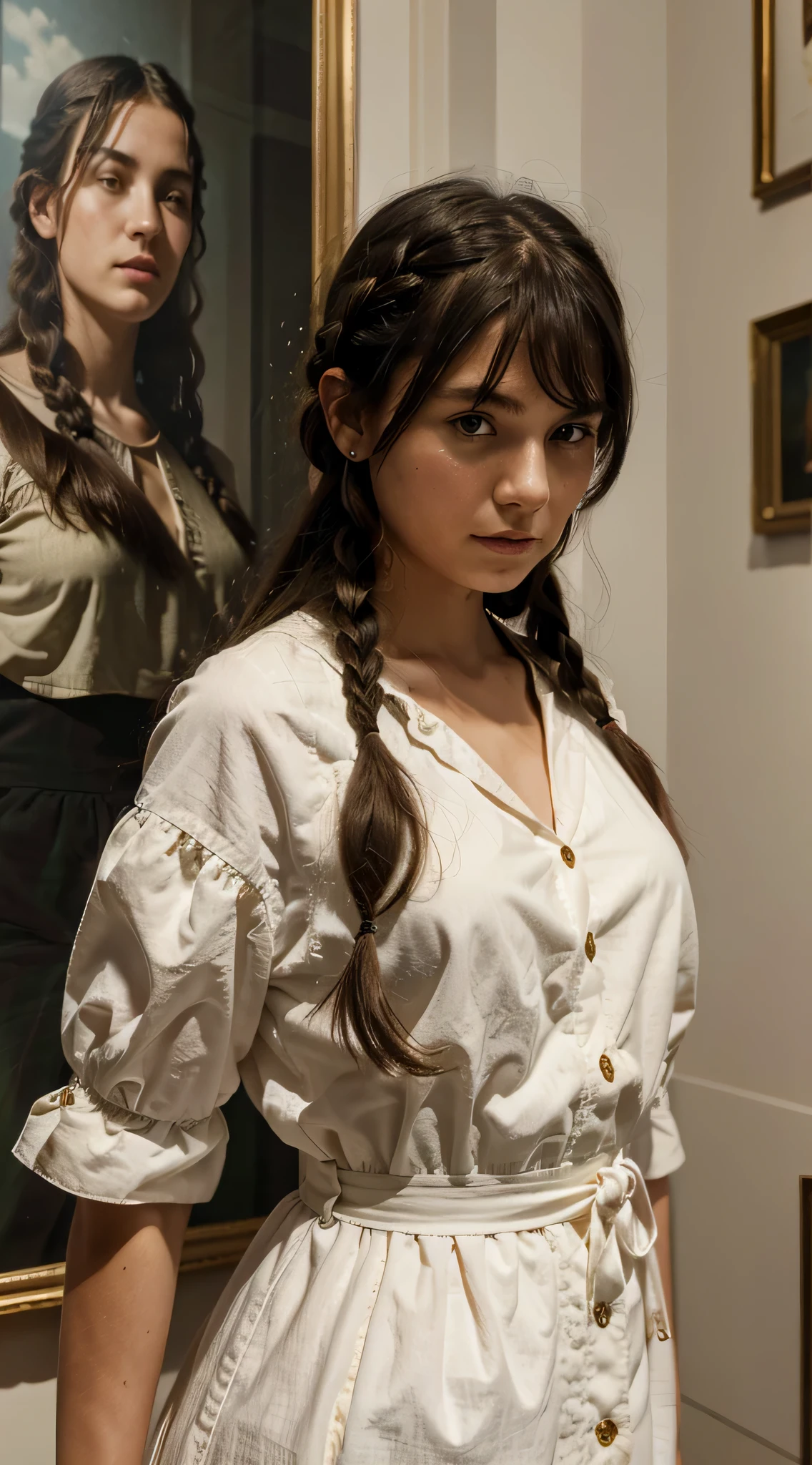 masterpiece, best quality, ultra-detailed, 1girl, museum, Italy, candid, bangs, braided hair, medium wavy hair, black hair