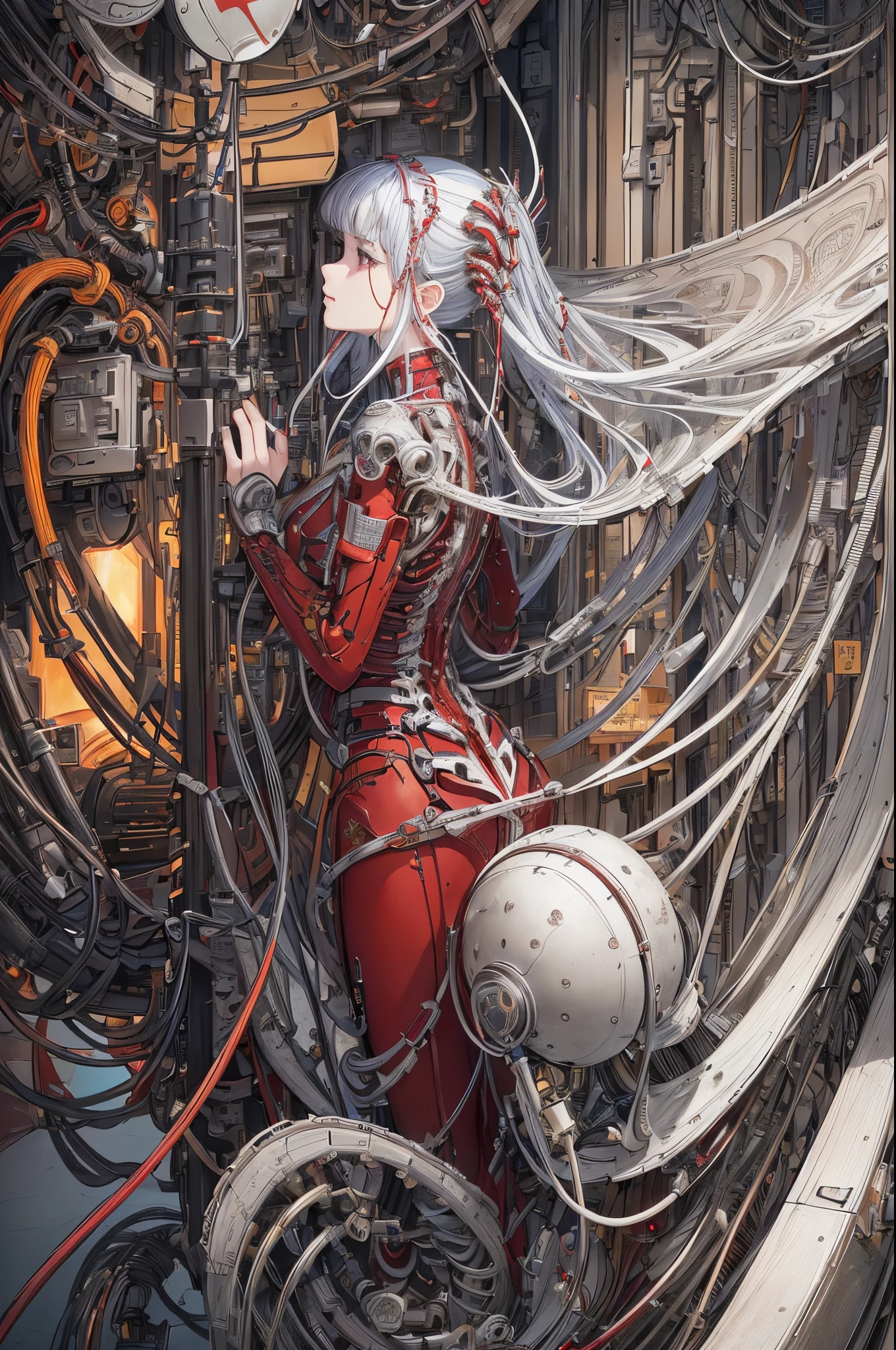 (tmasterpiece, quality, 最好的quality, offcial art, Beautiful and beautiful:1.2), (1 Sister:1.3), The content is very detailed,Colorful,The most detailed ((ultra - detailed)), (Highly detailed CG illustration), ((Extremely Delicately Beautiful)),(seen from the side),电影灯光,((1 mechanical girl)),Alone,Full body lesbian,(Machine joint:1.2),((机械肢体bloods管连接到管子 机械椎骨连接到背部),((The mechanical cervical vertebrae are attached to the neck)),(sitted),face expressionless,(wires and cables attaching to neck:1.2),(wires and cables on head:1.2)(Character focus),scientific fiction,white backgrounid,(bloods:1.5)