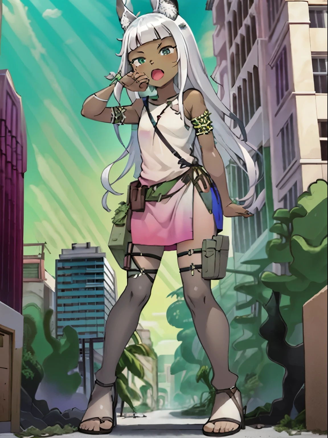 Ochette, girl, dark skin, white hair, green eyes, giantess, huge, 70 ft tall, cute, full body, best quality, pink dress, metal bracelets, larger than buildings, flat ground, street, ground visible, black cargo pants, adorable, kind, gentle, empty hands, small build, slim, curious, detailed mouth, size difference, standing over skyscrapers, sandals, tiny city, socks, loose clothes, perfect proportions