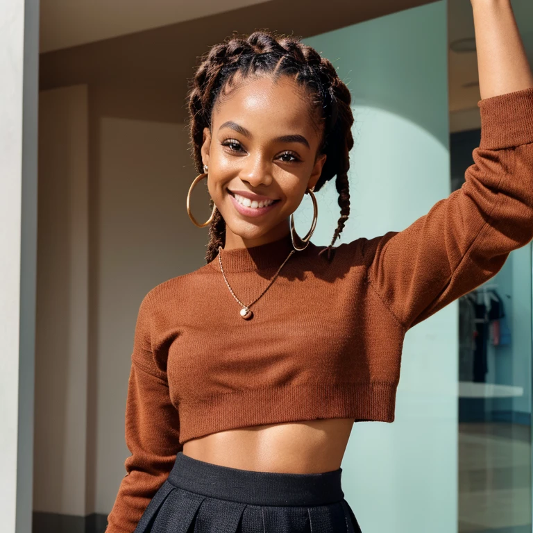 Beautiful brown girl with breathtaking smile wearing a cropped knit and skirt,She takes a selfie from the top,She's having((detailed skin textures)),realistic skin textureig brown eyes))and cute lips,Petite girl wearing a trendy outfit at a mall, she has faux-locs hairstyle