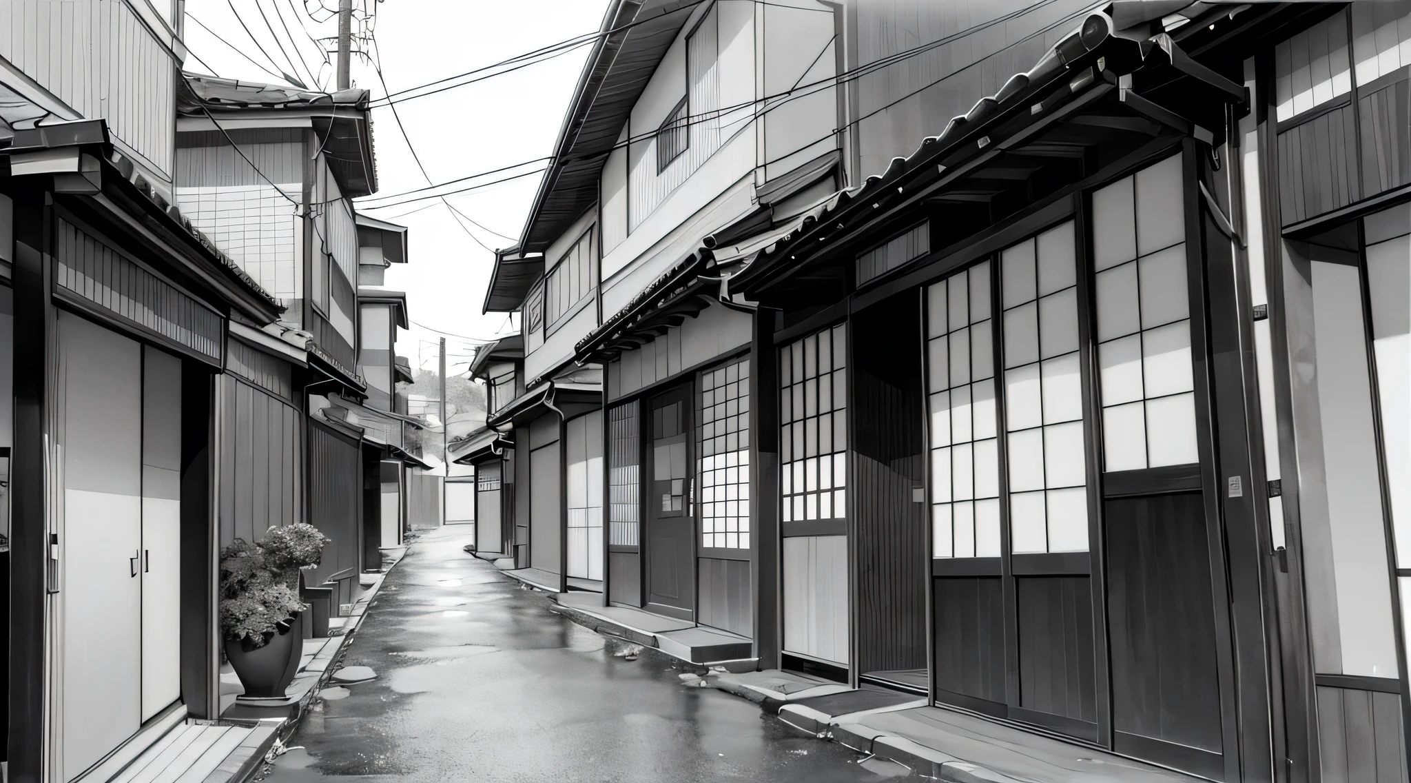 a japanese street in manga black and white style