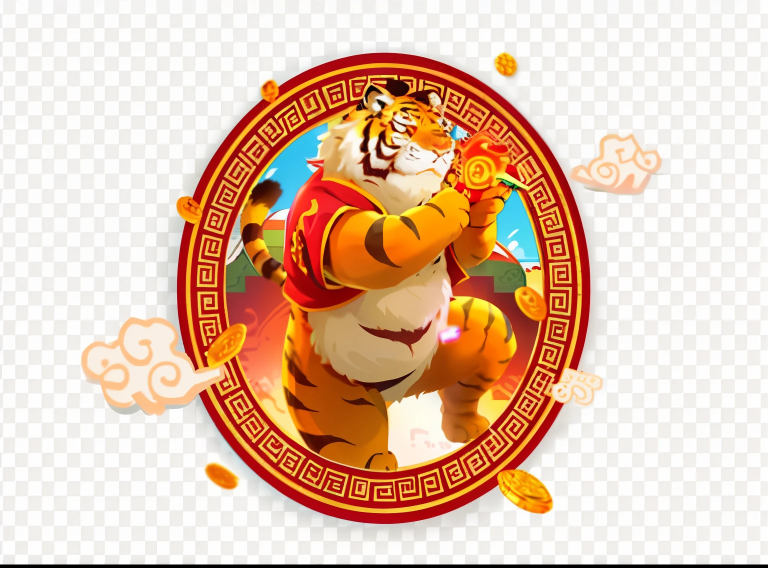 a cartoon tiger holding a gold coin in its paws, ((tiger)), hou china, the tiger is smiling, 1024x1024, image, bian lian, tiger of fire flying, chinese, tony the tiger, shui mo hua, online casino logo, anthropomorphic tiger, 2 5 6 x 2 5 6