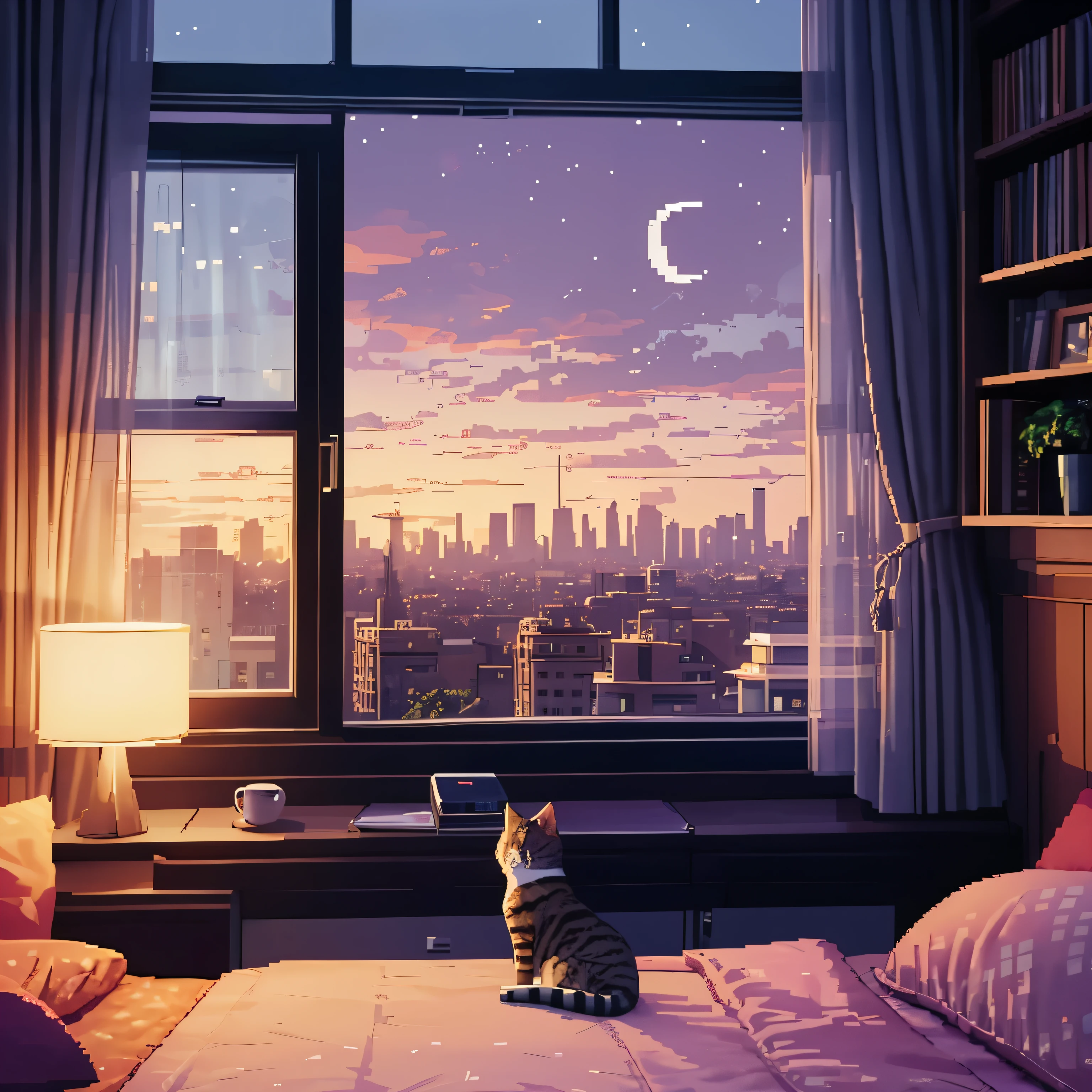 bedroom with window city view, pixel art, detailed furniture, cozy atmosphere, warm lighting, vibrant colors, retro style, 8-bit, urban landscape, curtains fluttering in the wind, a comfortable bed, a shelf filled with books and vinyl records, a desk with a vintage computer, a city skyline in the background, silhouettes of buildings against a sunset sky, pixelated trees and plants, a carpet on the floor with geometric patterns, a retro alarm clock on the bedside table, a window with curtains slightly open, creating a soft and warm glow, a mug of hot coffee on the windowsill, a cozy chair beside the window, inviting the viewer to sit and admire the city view, a cat sleeping on the windowsill, enjoying the warm sunlight, a pixelated moon in the night sky, stars twinkling above the city, creating a peaceful and dreamy atmosphere. (best quality, 8k), ultra-detailed, realistic, pixel-perfect art.