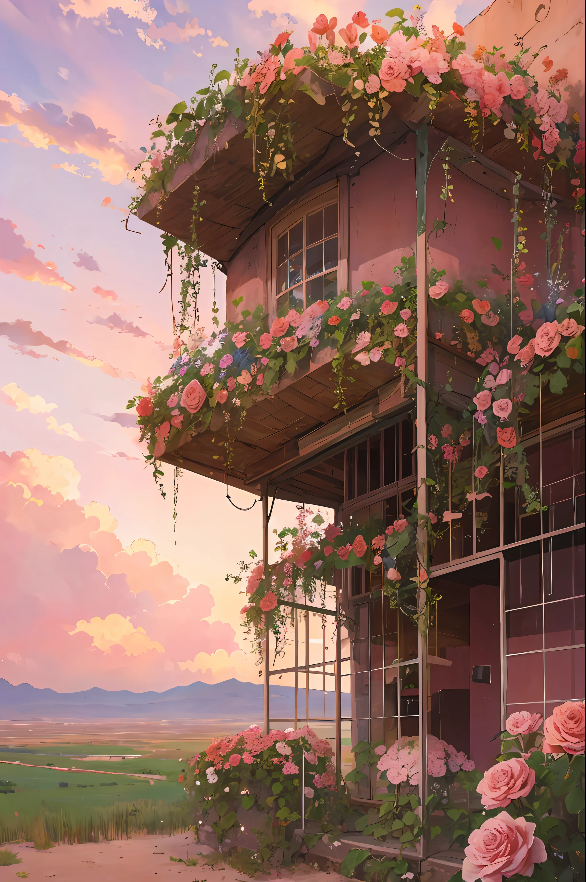 Summer, desert, pink clouds, a land overgrown with roses, James Gurney, art station rendering, ultra-wide lens, high definition