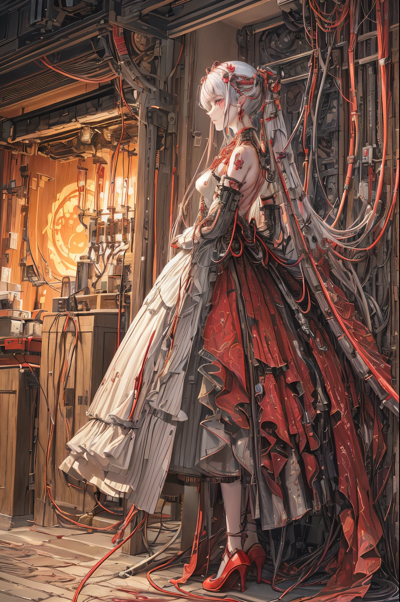 (tmasterpiece, quality, 最好的quality, offcial art, Beautiful and beautiful:1.2), (1 Sister:1.3), The content is very detailed,Colorful,The most detailed ((ultra - detailed)), (Highly detailed CG illustration), ((Extremely Delicately Beautiful)),(seen from the side),电影灯光,((1 mechanical girl)),Alone,Full body lesbian,(Machine joint:1.2),((机械肢体bloods管连接到管子 机械椎骨连接到背部),((The mechanical cervical vertebrae are attached to the neck)),(sitted),face expressionless,(wires and cables attaching to neck:1.2),(wires and cables on head:1.2)(Character focus),scientific fiction,white backgrounid,(bloods:1.5)