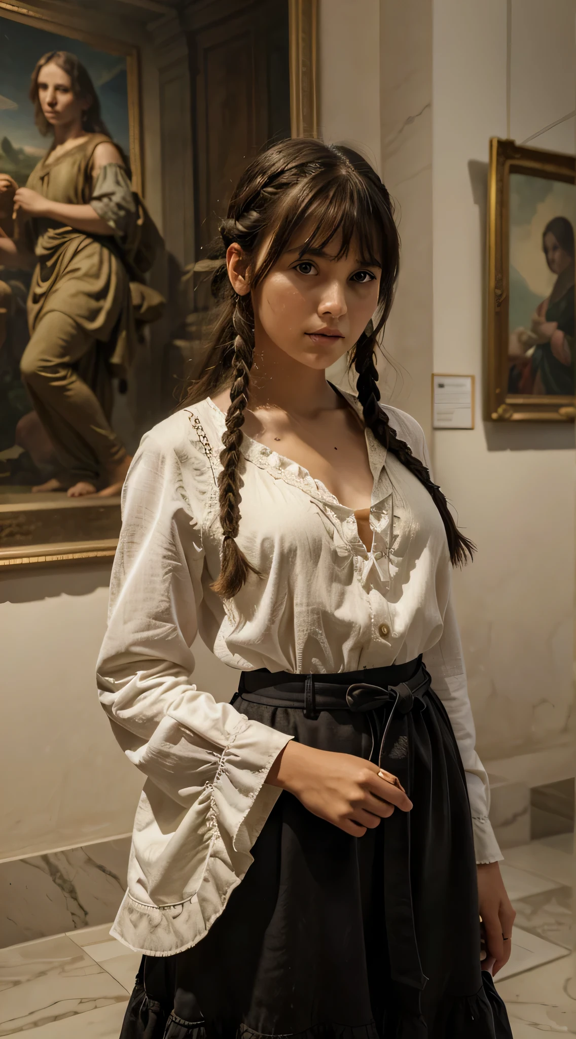 masterpiece, best quality, ultra-detailed, 1girl, museum, Italy, candid, bangs, braided hair, medium wavy hair, black hair