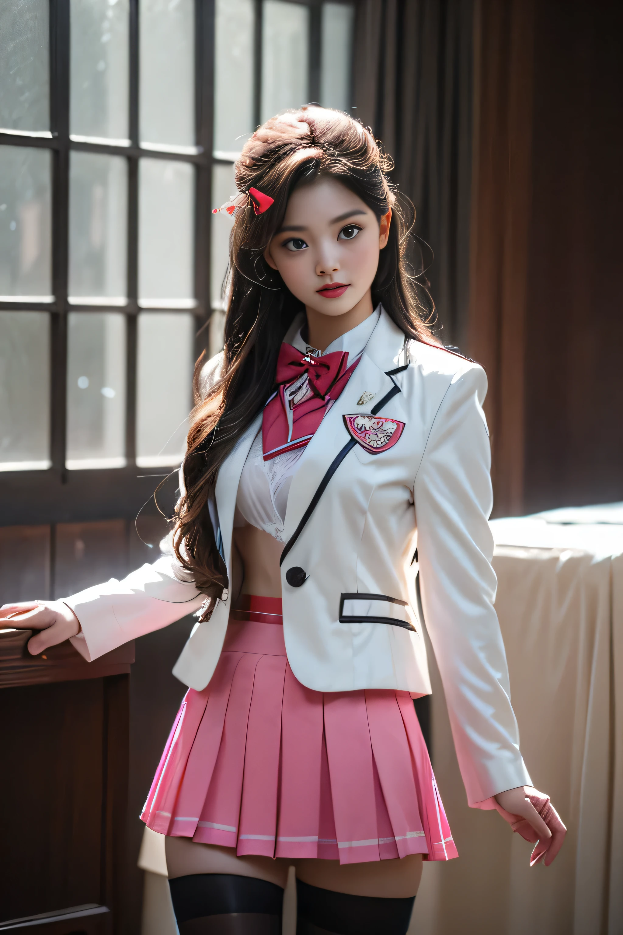 ( i'me standing in a cute room),Charming eyes,Heartwarming action,Turn your face away from the camera,stooped,Bend over,turn back,Look up at your head,thick long hair,Highly detailed body,Highly detailed face,best qualtiy、(PiNK Underwear),(High School Girls),((White Blazer、emblem on breasts))、((Translucent blouse)),((red bowtie)),((Flared skirt of check)),(Black stockings)、