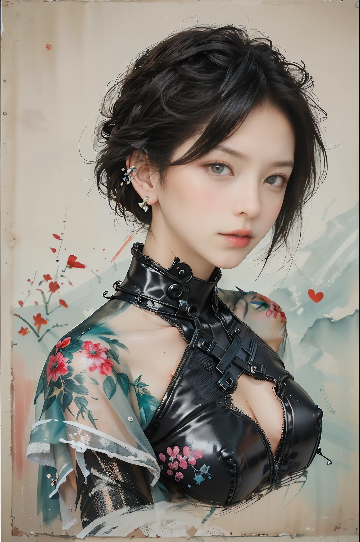 (((sweetheart))), (((Better quality))), (((tmasterpiece))), ((())), (((1 sister))), ((( Bob Hairstyles ))), 25-year-old cyberpunk female gladiator,Perfect figure, Shoulder pads with metal spines, Brooklyn Gladiator Hairstyle )), small leather, ripped rugby T-shirt, Simon Bisley (Simon Bisley) almost for《heavy metal》Magazine cover shoot,Show wild style, blond with short hair, Minimum dress code, The left arm has metal and complex graphics., dark red color,Featuring white stars and a white and navy checkerboard pattern, armour, covered with spikes,knee-up rivets))), 白lond with short hair, Background wall painted by Shepard Fairey,Complex design,((Correct anatomy)),(flowers blooming:1.3),Most detailed,( tangled:1.2), (dynamicposes), (abstract backgrounds:1.3), (Skin glows), (Lots of colors:1.4), ,(ear ring:1.4),(Decorative painting:1.6,), lamplight,Ink painting and watercolor,ink,water ink,((graceful stance)),((Detailed faces)),((詳細な目)),((correct hand)),((Complete and beautiful five fingers)),((anatomically correct limbs)),((Correct anatomy)),