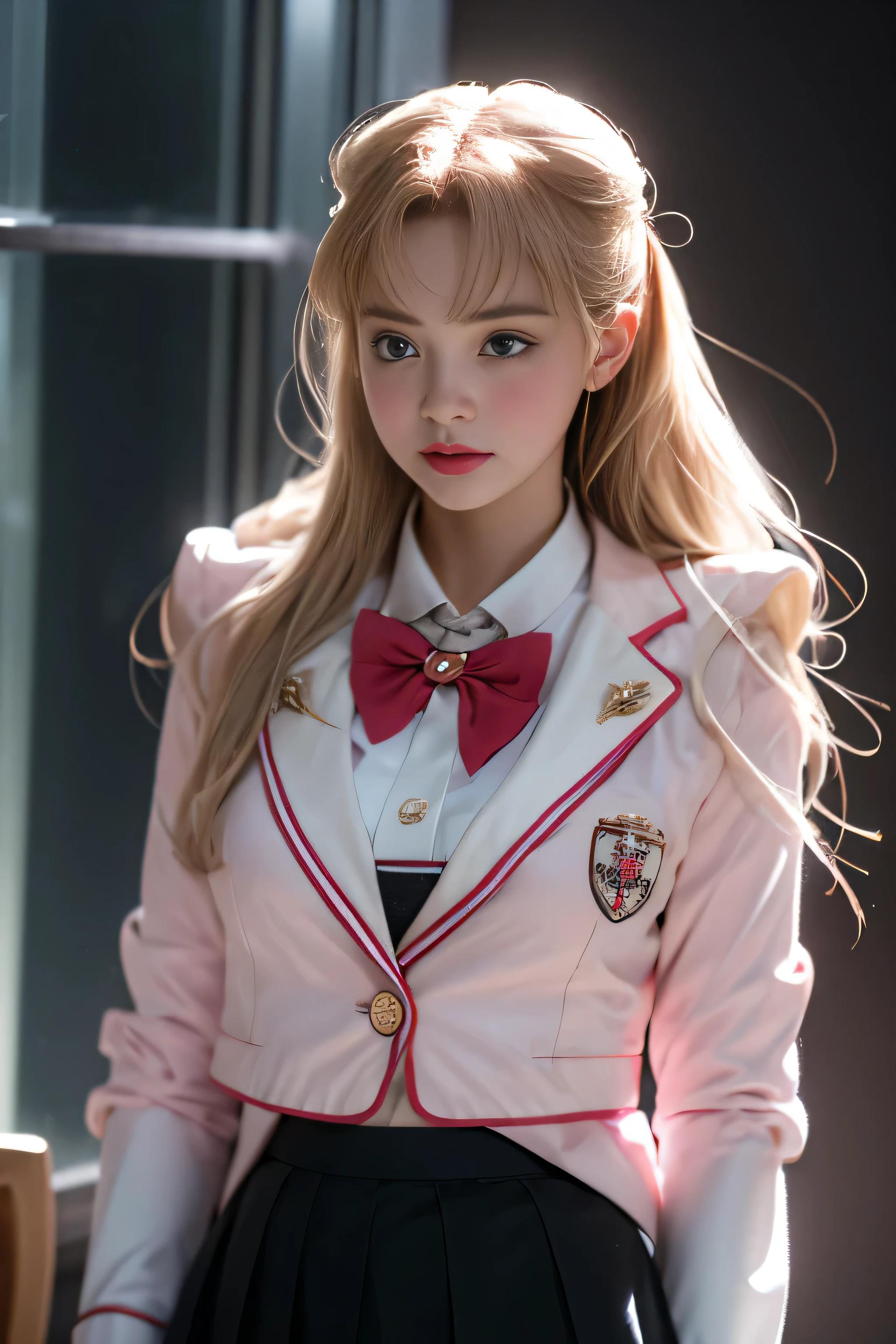 ( i'me standing in a cute room),Charming eyes,Heartwarming action,Turn your face away from the camera,stooped,Bend over,turn back,Look up at your head,thick long hair,Highly detailed body,Highly detailed face,best qualtiy、(PiNK Underwear),(High School Girls),((White Blazer、emblem on breasts))、((Translucent blouse)),((red bowtie)),((Flared skirt of check)),(Black stockings)、
