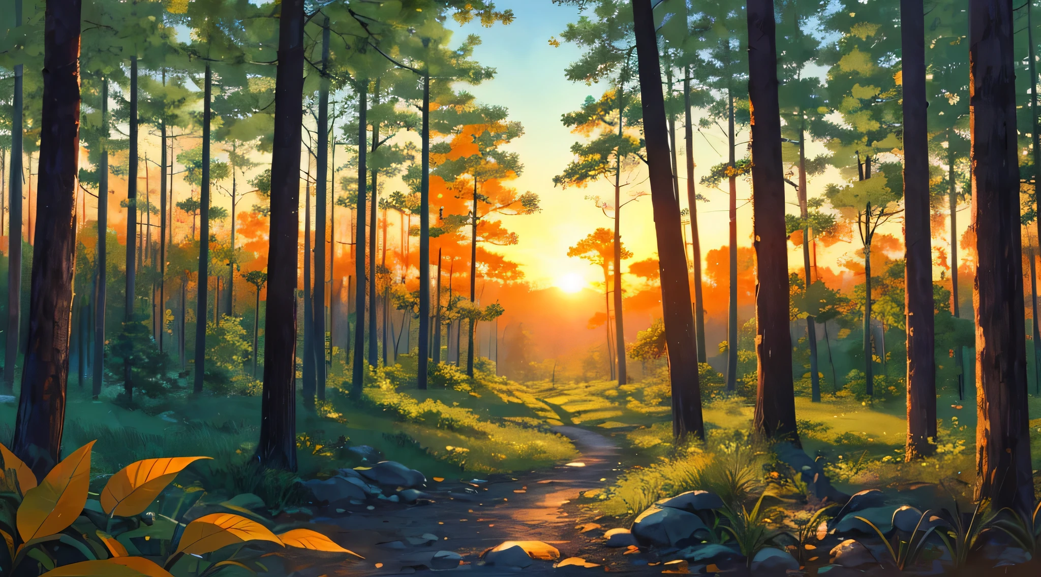 relax, dreamy, sunset, forest, unmanned. The scenery is enveloped in the silence of the late night.、the color is green, orange, warm, fresh air