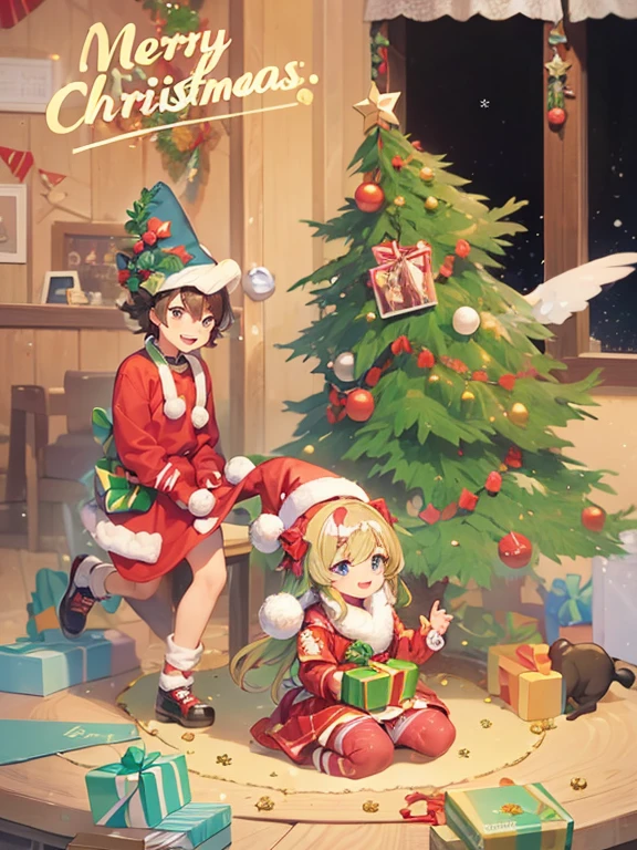 (tmasterpiece, Best quality at best:1.2),Happy boy,Cute girl,Christmas tree