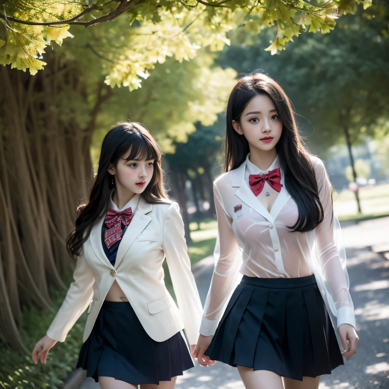 (( Girls walking along the ginkgo trees))，Charming eyes，Heartwarming action，Turn your face away from the camera，stooped，Bend over，turn back，Look up at your head，thick and long black hair，Highly detailed body，Highly detailed face，best qualtiy、(P boobs iNK underwear),(High School Girls),((White Blazer、emblem on breasts))、((Translucent blouse)),((red bowtie)),((navy check flare skirt)),(black stocking loafers