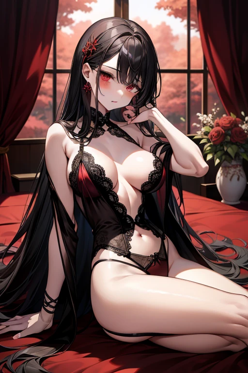 araffed woman in lingerie posing on a bed with a red rose, lingerie, very sexy devil outfit, see-through red and black costume!!!, wearing セクシーは lingerie, laced lingerie, see-through black and red, enticing, fantasy outfit, 黒と赤 Silk clothing, black and red only, lingerie!!, Silk, tease, see-through red and black, sexy is lace, Sexy is see-through :8, Tumbler、surreal waiizi flowers, soft light misty, magical flowers, flowers with very long petals, Vague bouquet, a glowing flower, alien flower, beautiful image, a glowing delicate flower, staggering in its beauty,Higanbana、amaryllis、a close up of a field of Red flowers in a forest, red blooming flowers, Bright but gloomy red, glimpse of red, Red flowers, very red colors, Red Forest, Bright red, Bright red colors, Red flowers of different types, Bright red and green colours, in a red dream world, Red magic surrounds her, Red irises、Arafed view of the room with table and vase, Japanese houses, Stunning light reflection, traditional japanese colors, Gorgeous composition, magical colors and atmosphere, A dark-haired、Black hair、A dark-haired姫カット、A dark-hairedロング、hair adornments、hairpin、Flowers in the hair、Flowers in the hairびら、Best Beauties、Awesome、well-styled、exquisite style、dual、Black eyes、Seductive eyes、full bodyesbian、s ass、teats、pink areolae、clitoris、strands、strands間