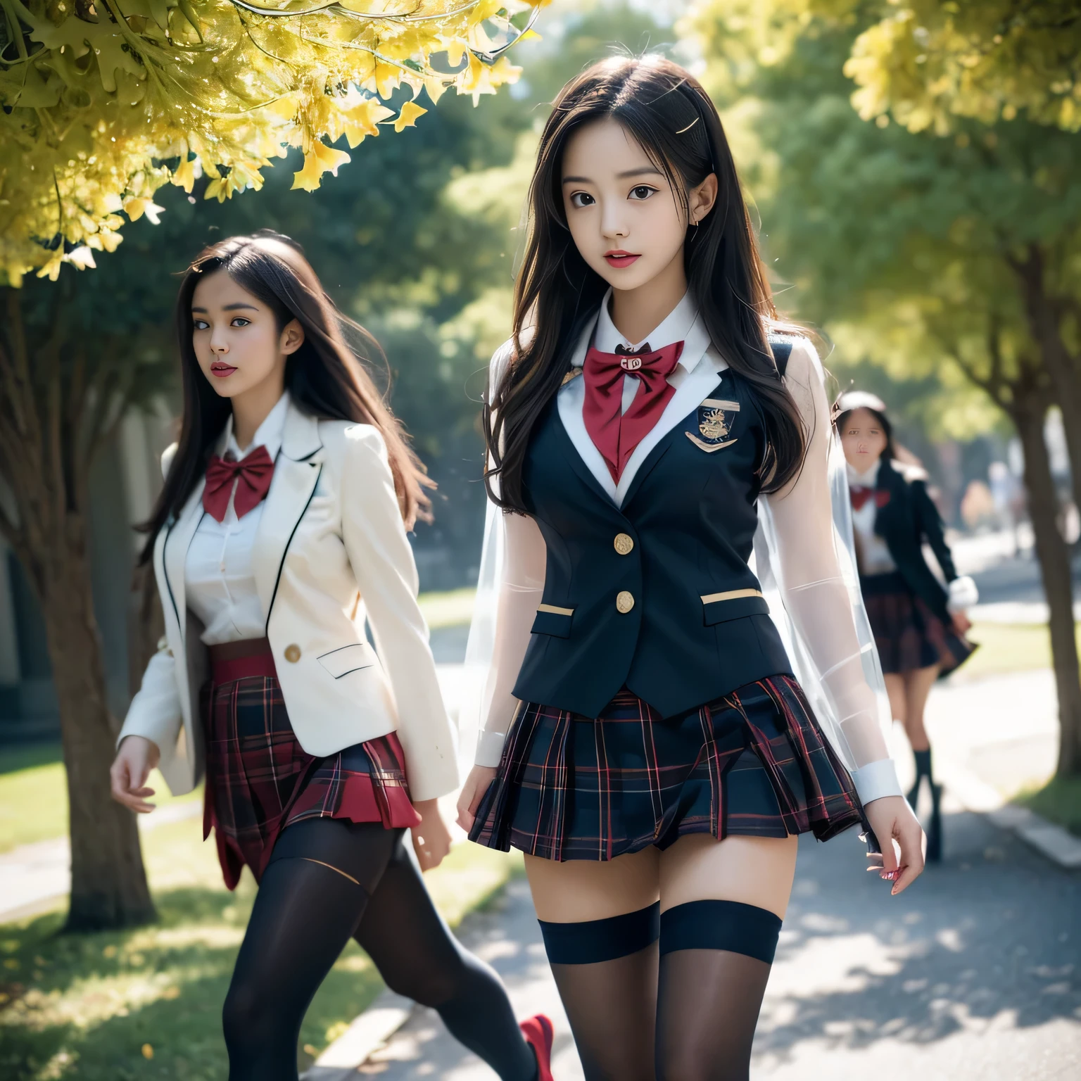 (( Girls walking along the ginkgo trees))，Charming eyes，Heartwarming action，Turn your face away from the camera，stooped，Bend over，turn back，Look up at your head，thick and long black hair，Highly detailed body，Highly detailed face，best qualtiy、(P boobs iNK underwear),(High School Girls),((White Blazer、emblem on breasts))、((Translucent blouse)),((red bowtie)),((navy check flare skirt)),(black stocking loafers