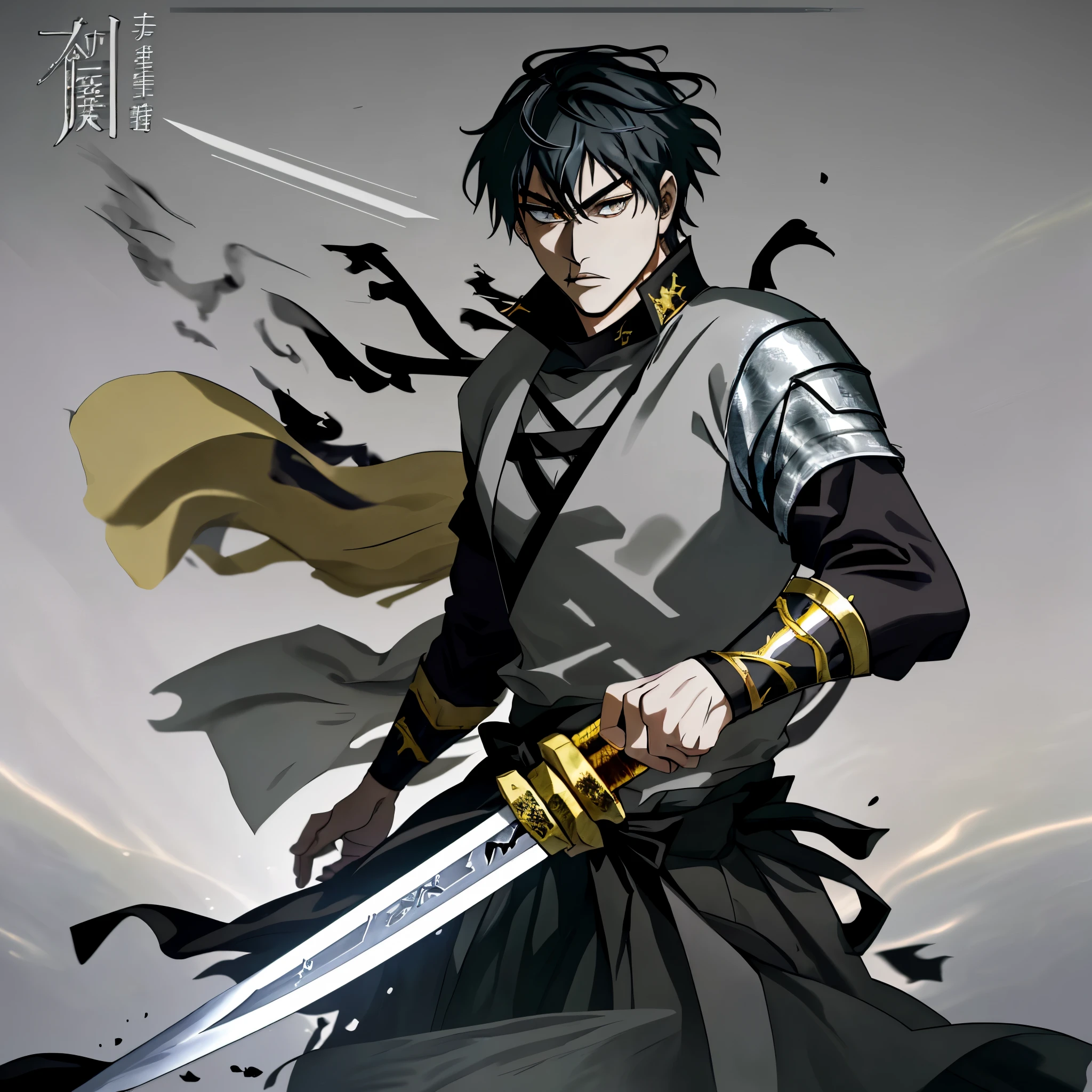 a 25-yr old man from Kingdom anime, armored with warlord golden armor with a black cape, holding a plasma sword, sword is emanating powerful energy and a dramatic aura surrounding the warrior, glowing pupils, long white hair, ultra high definition, 8K, Yasuke 500 px models, picture of an male warrior, Japanese futuristic Samurai, with large sword, epic samurai warrior, dramatic wielding katana pose, portrait of an armored samurai warrior, surrounded by bright colorful energy in motion with the movement of the sword