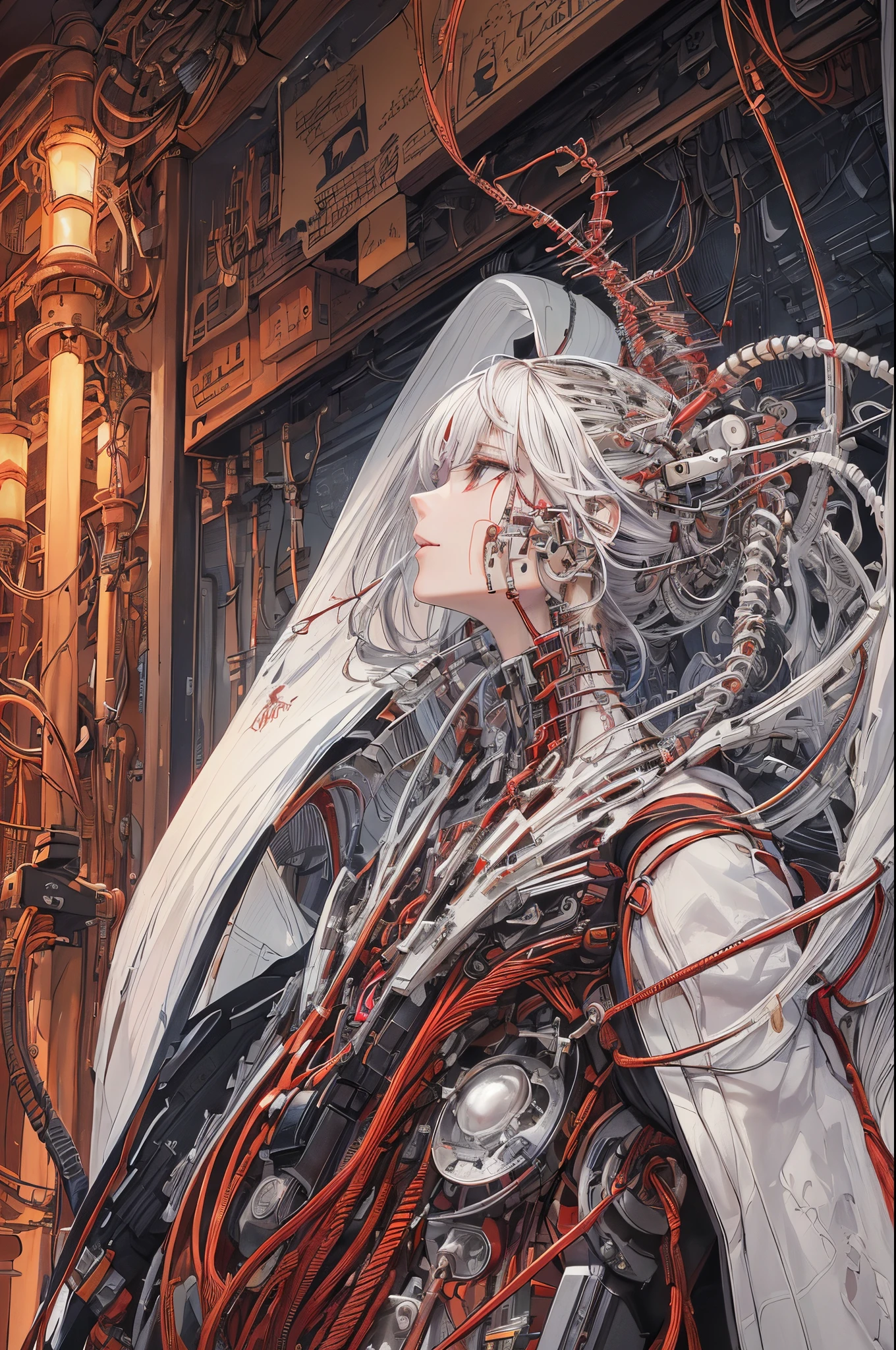 (tmasterpiece, quality, 最好的quality, offcial art, Beautiful and beautiful:1.2), (1 Sister:1.3), The content is very detailed,Colorful,The most detailed ((ultra - detailed)), (Highly detailed CG illustration), ((Extremely Delicately Beautiful)),(seen from the side),电影灯光,((1 mechanical girl)),Alone,Full body lesbian,(Machine joint:1.2),((机械肢体bloods管连接到管子 机械椎骨连接到背部),((The mechanical cervical vertebrae are attached to the neck)),(sitted),face expressionless,(wires and cables attaching to neck:1.2),(wires and cables on head:1.2)(Character focus),scientific fiction,white backgrounid,(bloods:1.5)