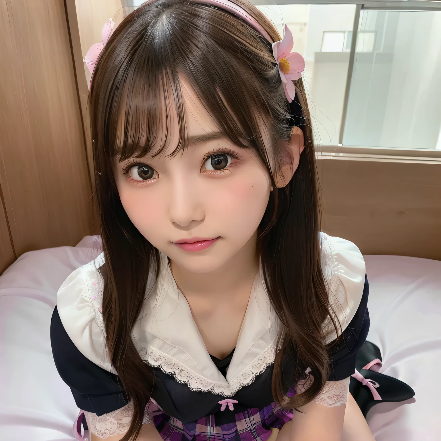 1girl in, Extremely cute face, (Highly detailed eyes, Highly detailed face), (Hyper-realistic, hight resolution), (Best Quality:1.4), Raw photo, (Realistic, Photorealsitic:1.37), Professional Photography, Cinematic Light, (lace bra:1.25), (Amazing breasts:0.7), (School uniform, Pleated mini-skirt:1.3), (Uniform with open chest:1.1),A sexy、After school、Bedroom, Dazzling lighting,nogizaka、Beautiful black eyes:1.3、17-year-old schoolgirl、flower petals、lying back、Pink decoration、Shy、Look away、Button is detached、Fluttering figure、undergarment