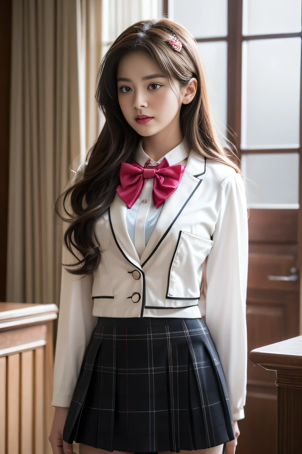 ( i'me standing in a cute room),Charming eyes,Heartwarming action,Turn your face away from the camera,stooped,Bend over,turn back,Look up at your head,thick long hair,Highly detailed body,Highly detailed face,best qualtiy、(PiNK Underwear),(High School Girls),((White Blazer、emblem on breasts))、((Translucent blouse)),((red bowtie)),((Flared skirt of check)),(Black stockings)、