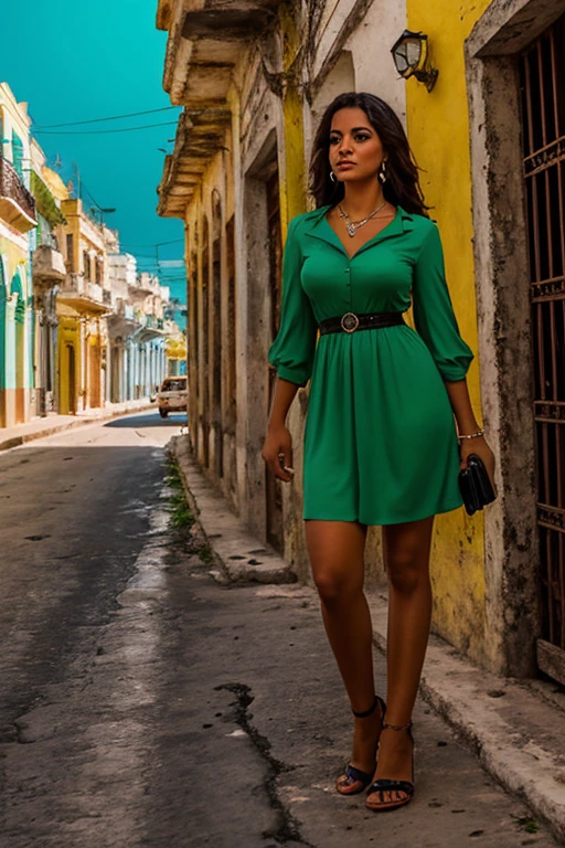 una despampanante mujer cubana, su personalidad recuerda el encanto atemporal de La Habana, sus ojos llenos de historias de color verde claro, wisdom with a touch of mischief, labios ricos y rojos que reflejan la vitalidad de la cultura cubana, cabello tan oscuro y fluido como el cielo nocturno cubano, vistiendo un traje tradicional cubano, sus colores vivos, as if they reflected the very spirit of Cuba, environment that surrounds an amalgam of symbolic street scenes of Cuba, Coches antiguos, Edificios coloridos, celeste