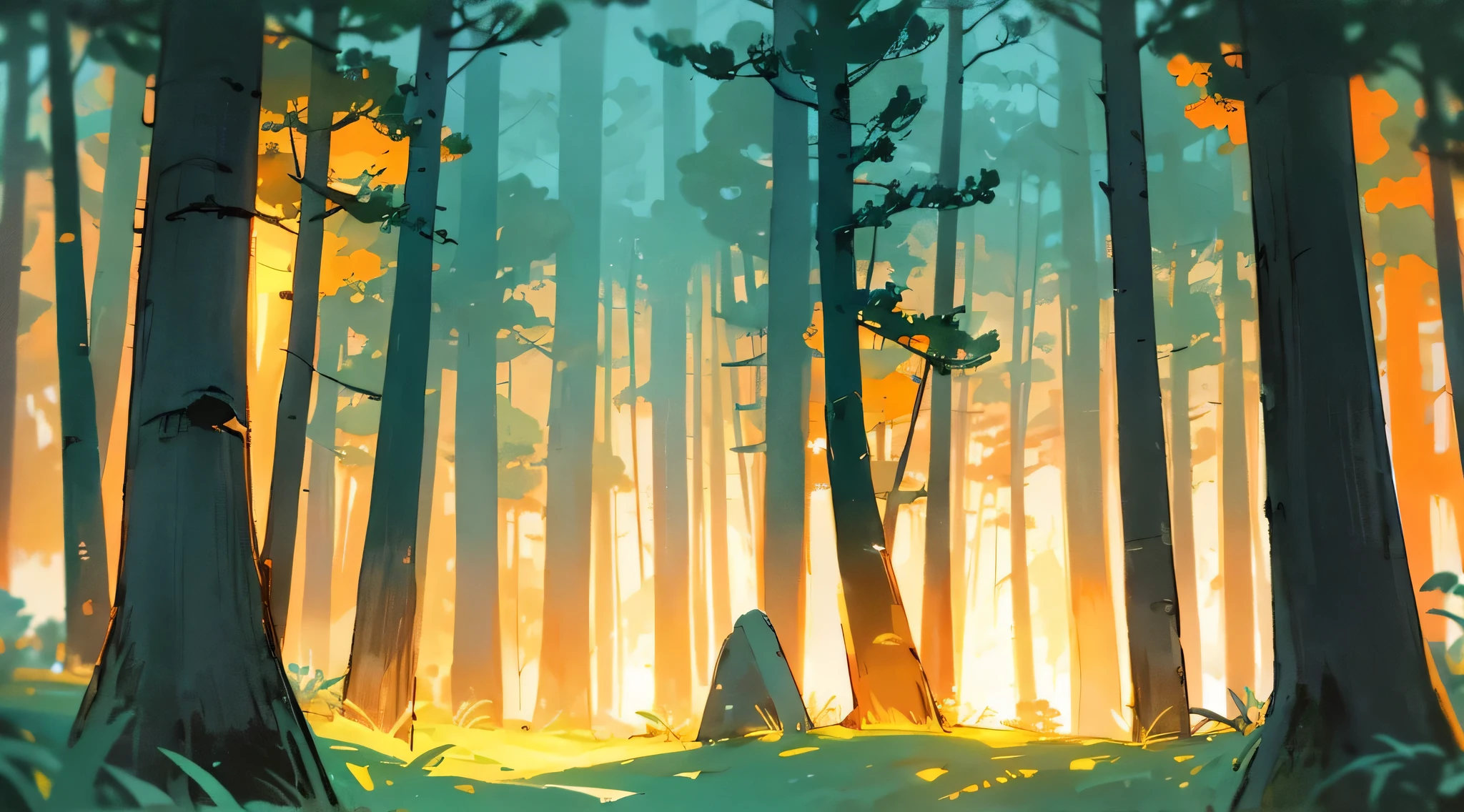 relax, dreamy, sunset, forest, unmanned. The scenery is enveloped in the silence of the late night.、the color is green, orange, warm, fresh air