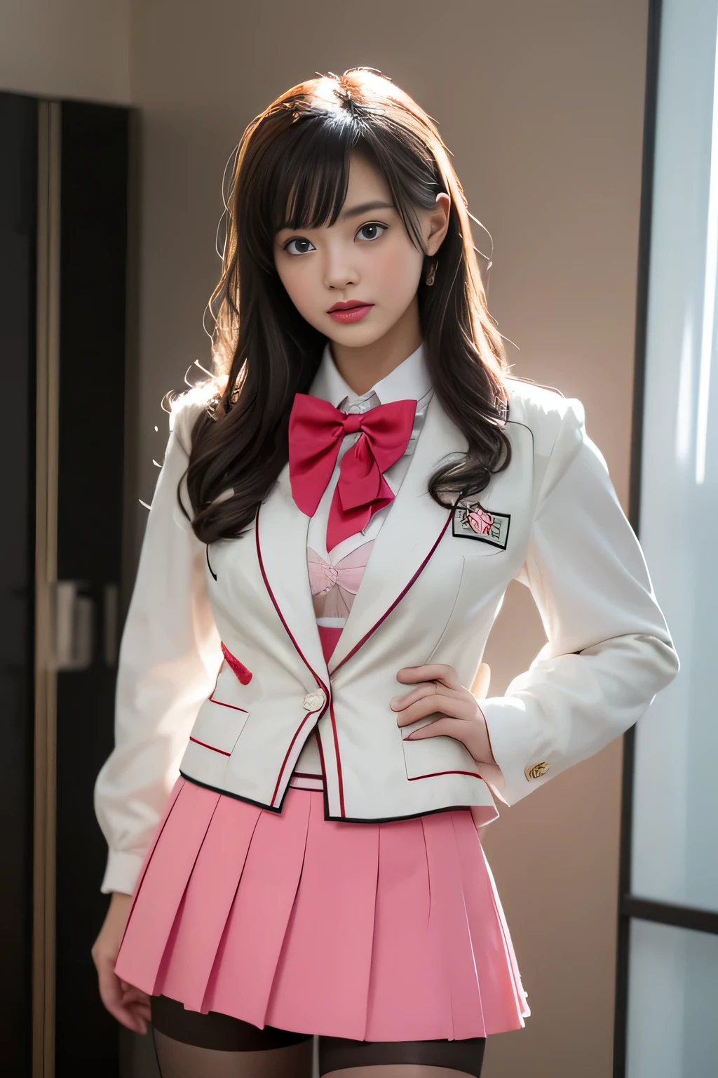 ( i'me standing in a cute room),Charming eyes,Heartwarming action,Turn your face away from the camera,stooped,Bend over,turn back,Look up at your head,thick long hair,Highly detailed body,Highly detailed face,best qualtiy、(PiNK Underwear),(High School Girls),((White Blazer、emblem on breasts))、((Translucent blouse)),((red bowtie)),((Flared skirt of check)),(Black stockings)、