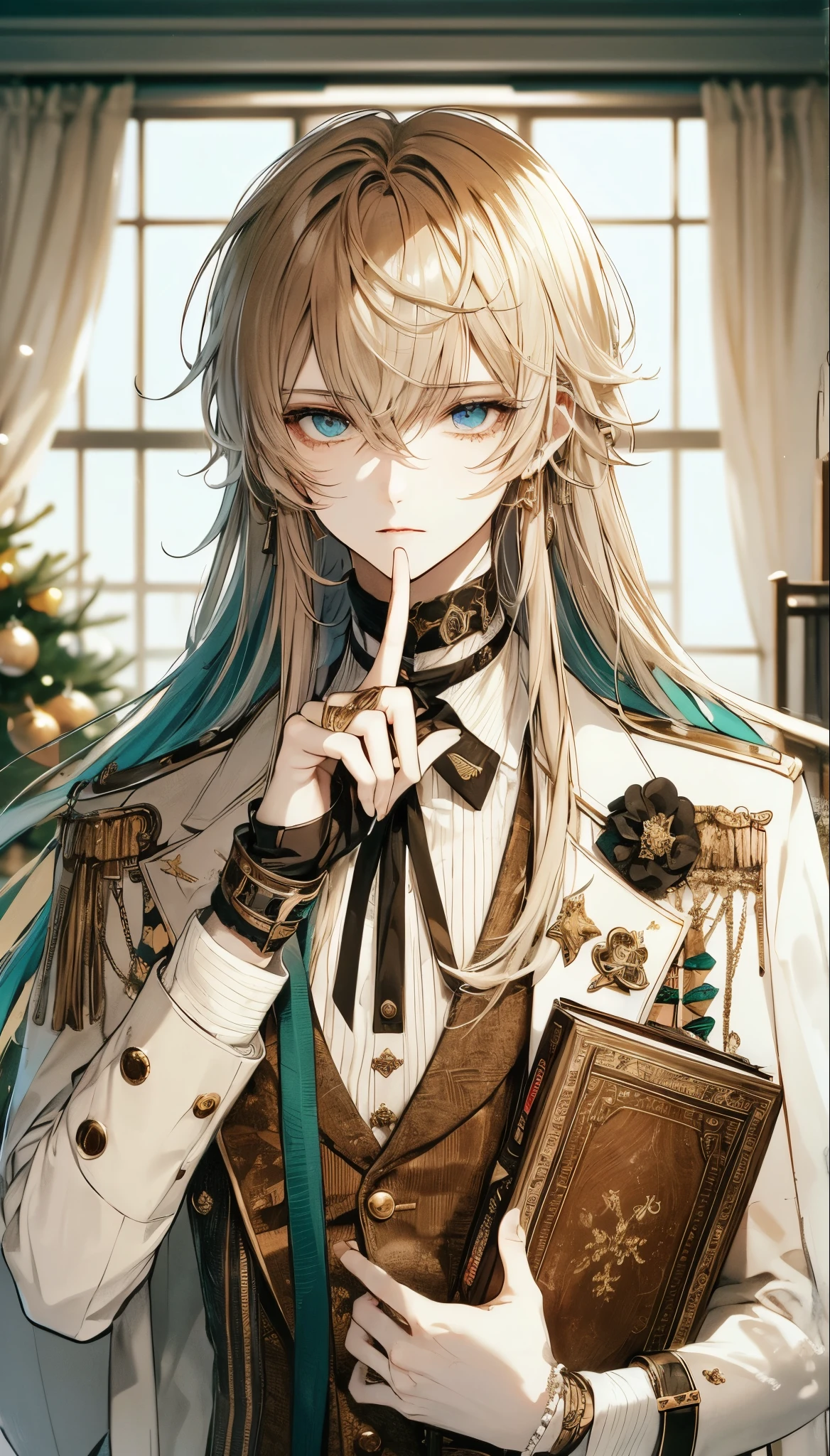 Male with feminine features, long straight blonde hair, sharp blue eyes with a calm and intellectual expression, gesture of finger to lips indicating silence, holding a decorative old book, attire of sophisticated white and brown design with multiple buttons and gold accessories, accentuated with a black ribbon, a streak of turquoise hair flowing down the back, background of a softly lit window and a blurred Christmas tree, warm indoor ambiance.high quality, amount of drawing, pixiv illustration