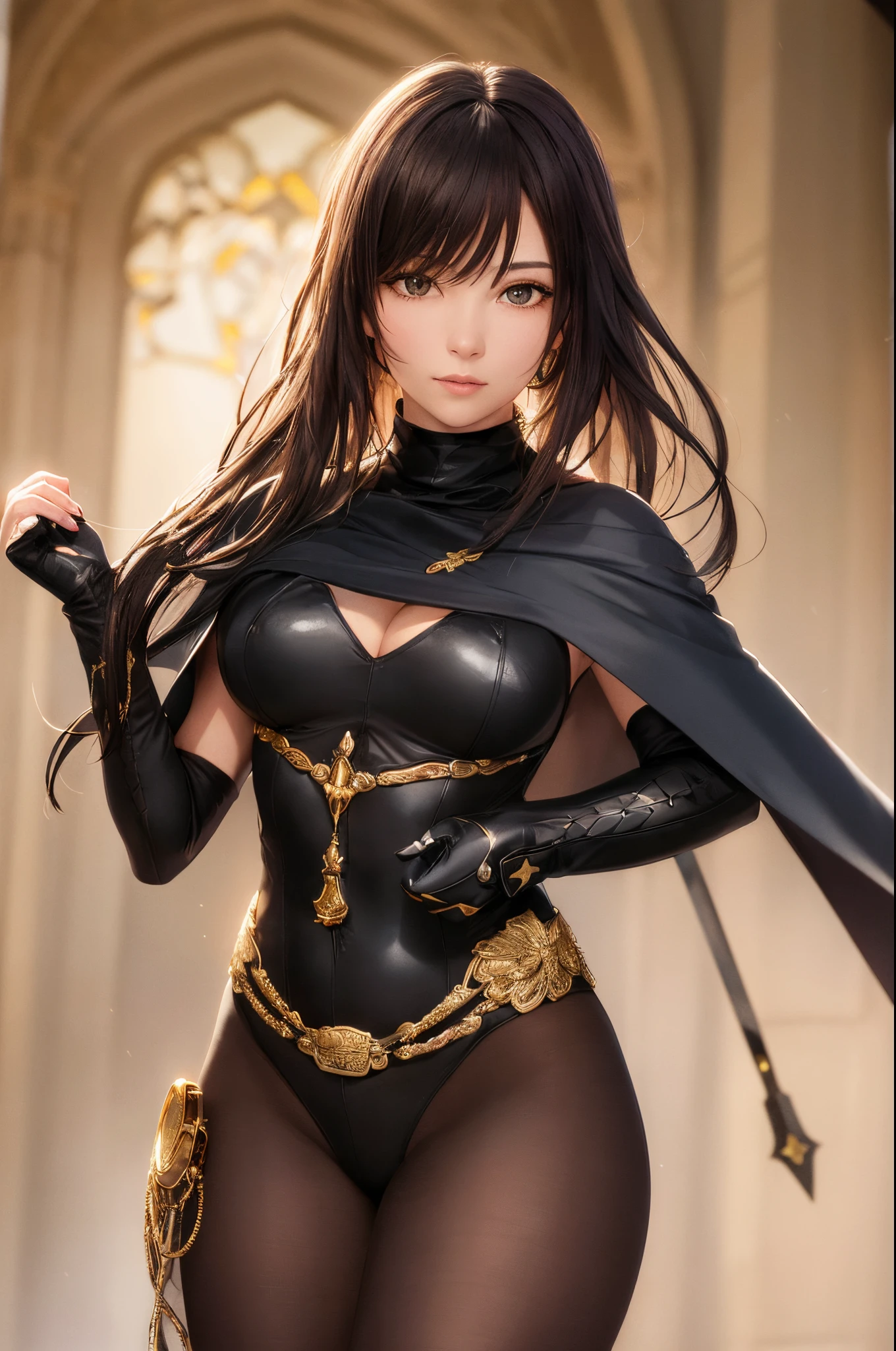 1girl, cowboy shot of rvn, hotraven, pale skin, black leotard, turtleneck, tights, cape, glowing eyes, gold belt, jewels, medallion, athletic, looking at viewer, night, dark forest, mist, fog, volumetric lighting, best quality, masterpiece, intricate details, tonemapping, sharp focus, hyper detailed, realistic