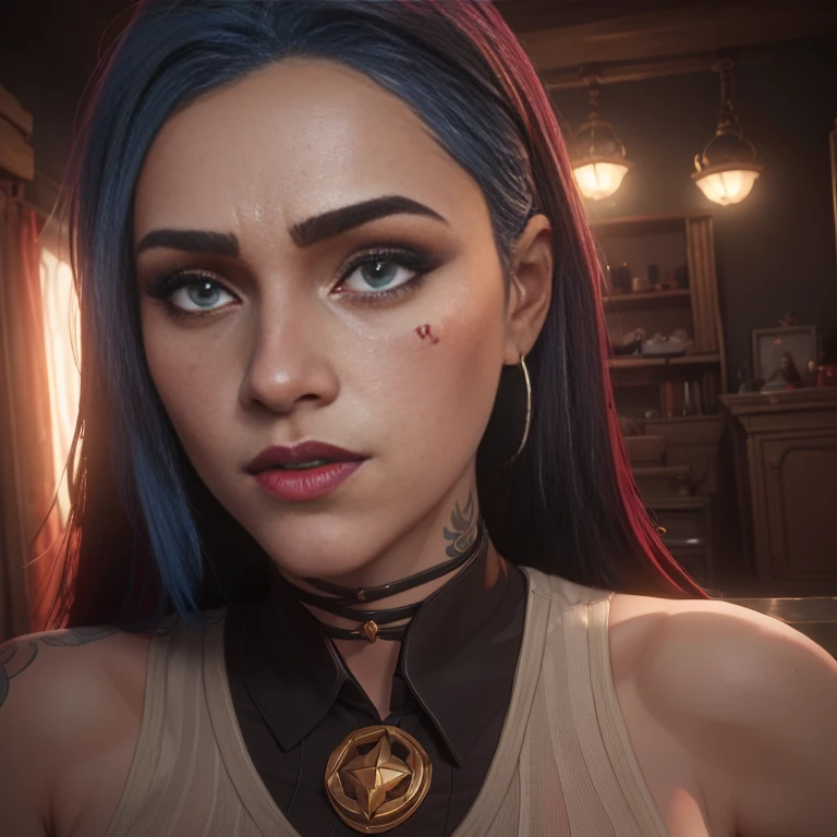 porte-malheur, Style arcane, 1fille, asymmetrical bangs, frange bleue, cheveux bleus, natte, chemise marron, Tatouage de nuage, cheveux bleus, cable long malédiction, diaphragme, yeux roses, red lips,, tresses jumelles, porte-malheur, porte-malheur de Arcane\(League of Legends\)