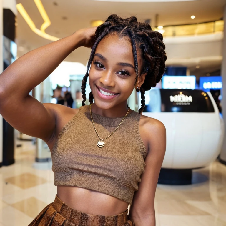 Beautiful brown-skin girl with breathtaking smile wearing a cropped knit and skirt,She takes a selfie from the top,She's having((detailed skin textures)),realistic skin textureig brown eyes))and cute lips,Petite girl wearing a trendy outfit at a mall, she has faux-locs hairstyle