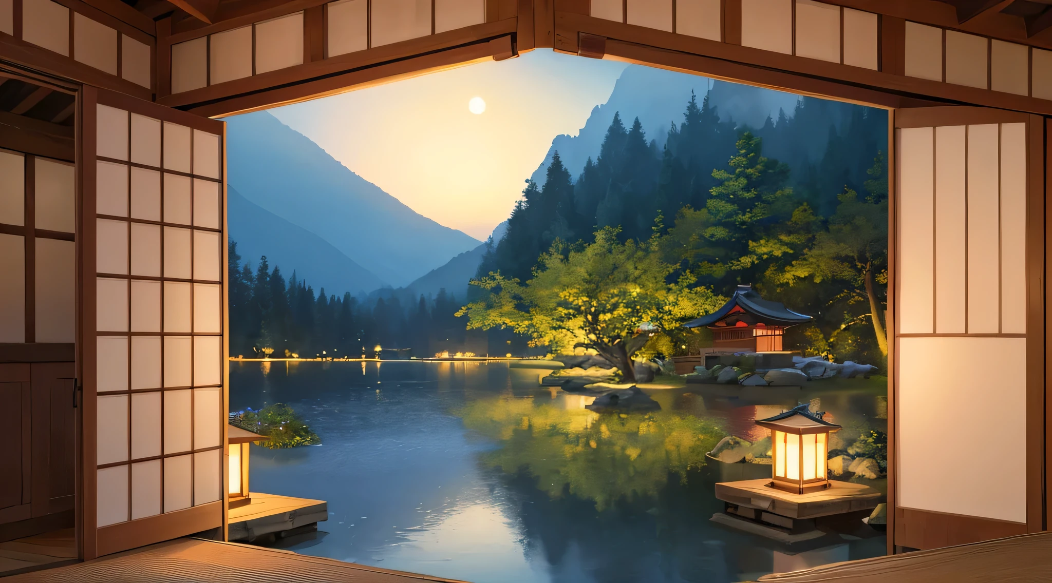 Night view inspired by Japan art, Mountains illuminated by lanterns、wooden hut on a quiet lake. Starry sky reflected in water, Create a magical environment. On the shores of the lake, There is a small Zen temple lit by candles, a person々Where to come to meditate. The tree々Leaves flutter in the wind, Creates a quiet and calm atmosphere, high res, ultrasharp, 8k, masterpiece, reflection, japan, moon light, nature, zen