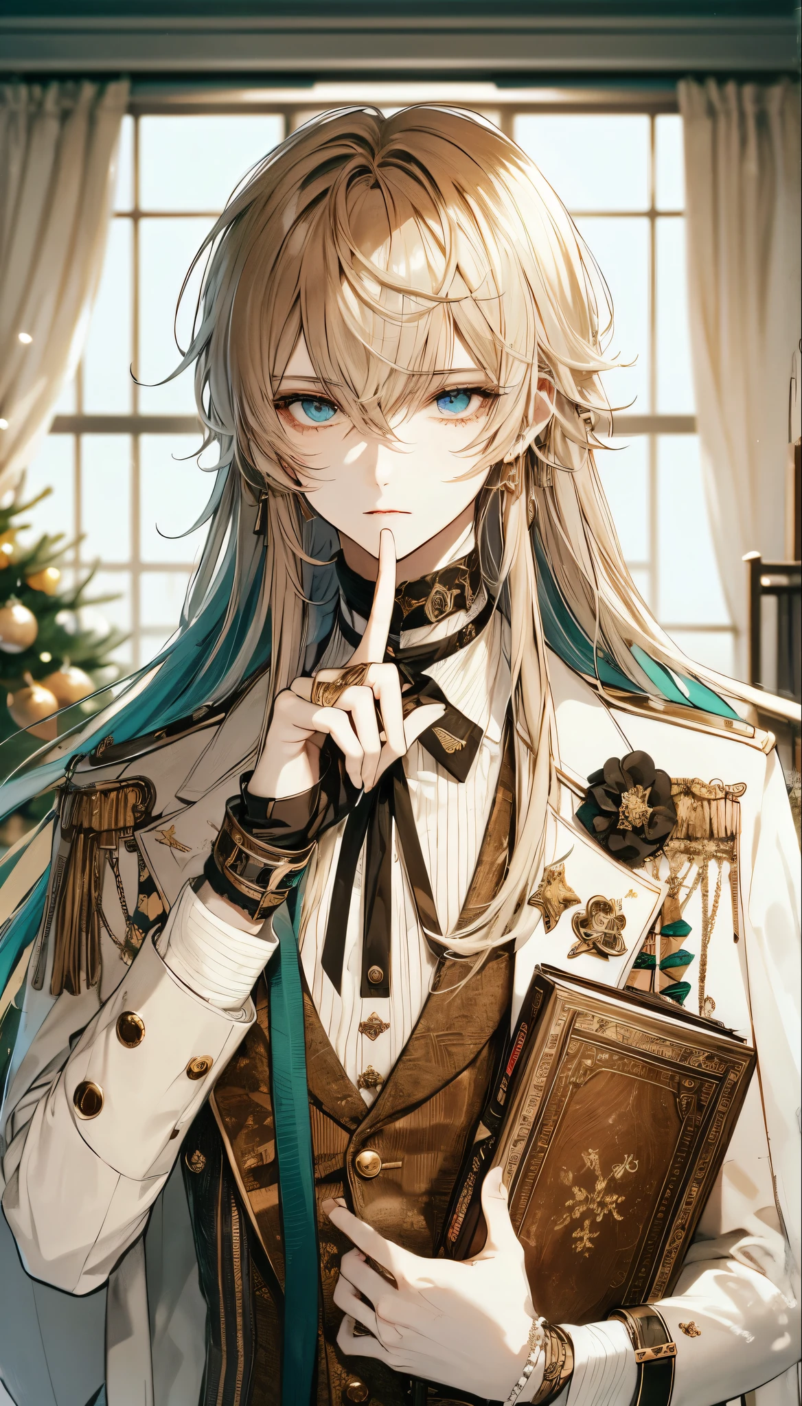 Men with feminine features, Long straight blonde hair, Sharp blue eyes and a calm and intelligent expression, finger to lips gesture to indicate silence, have a decorative old book, Sleek white and brown designed outfit with multiple buttons and gold accessories, Accented with black ribbon, Turquoise hair streaks down my back, Softly lit window and blurred Christmas tree background, warm indoor atmosphere.High quality, amount of drawing, pixiv illustration
