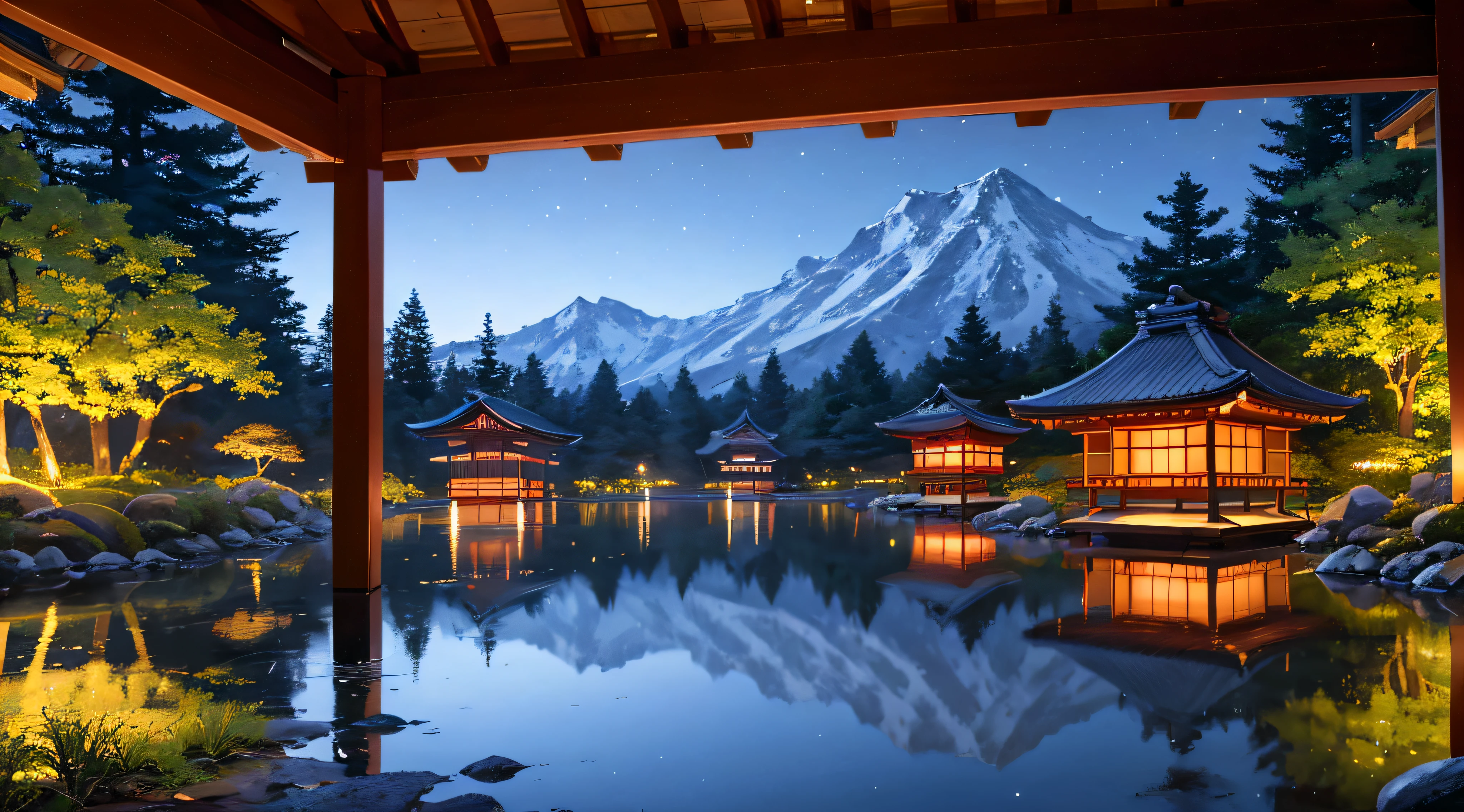 Night view inspired by Japan art, Mountains illuminated by lanterns、wooden hut on a quiet lake. Starry sky reflected in water, Create a magical environment. On the shores of the lake, There is a small Zen temple lit by candles, a person々Where to come to meditate. The tree々Leaves flutter in the wind, Creates a quiet and calm atmosphere, high res, ultrasharp, 8k, masterpiece, reflection, japan, moon light, nature, zen