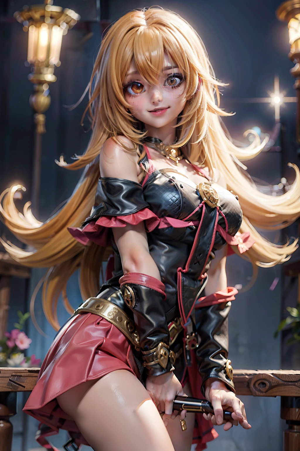 anime, Mujer, solamente, Cabello largo, They are smiling, debajo de los senos, cabello rubio dorado, cabello lacio desordenado, cabello encrespado, ojos amarillos dorados, cuerpo completo, Orejas de caballo, Conjunto de punk rock,