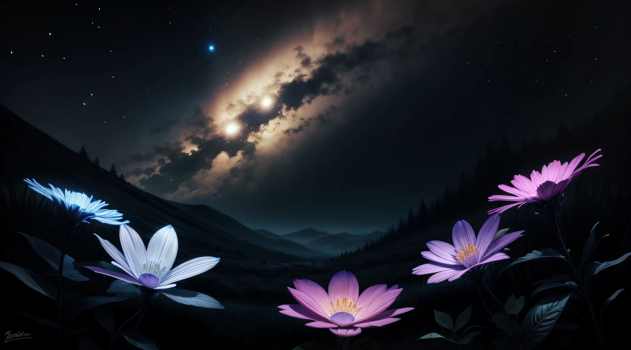 bioluminescence, flowers, night, sky