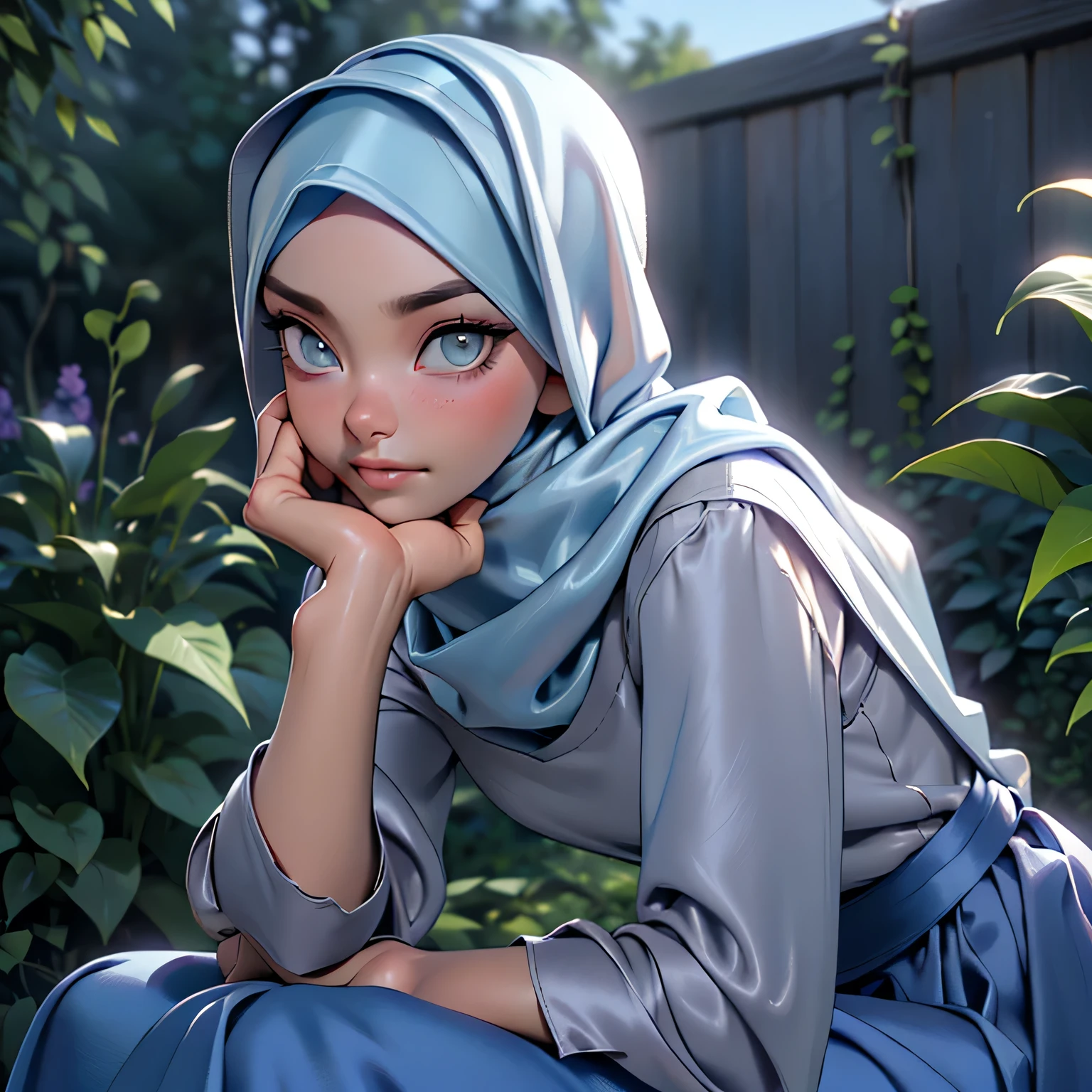 3dmm style, ((Masterpiece, best quality, photography, detailed skin, realistic, photo-realistic, 3D Character Design, pixar, real cartoon, High detail RAW colour art, diffused soft lighting, shallow depth of field, sharp focus, hyperrealism, cinematic lighting, ((close up)) hijab, a turkish lady, beautifully makeup, brown beautiful big eyes, long eye lashes, wearing ((Gray satin hijab)), loosely tide hijab style, ((blue satin shirt)), satin long maxi skirt, sitting in the garden, outdoors